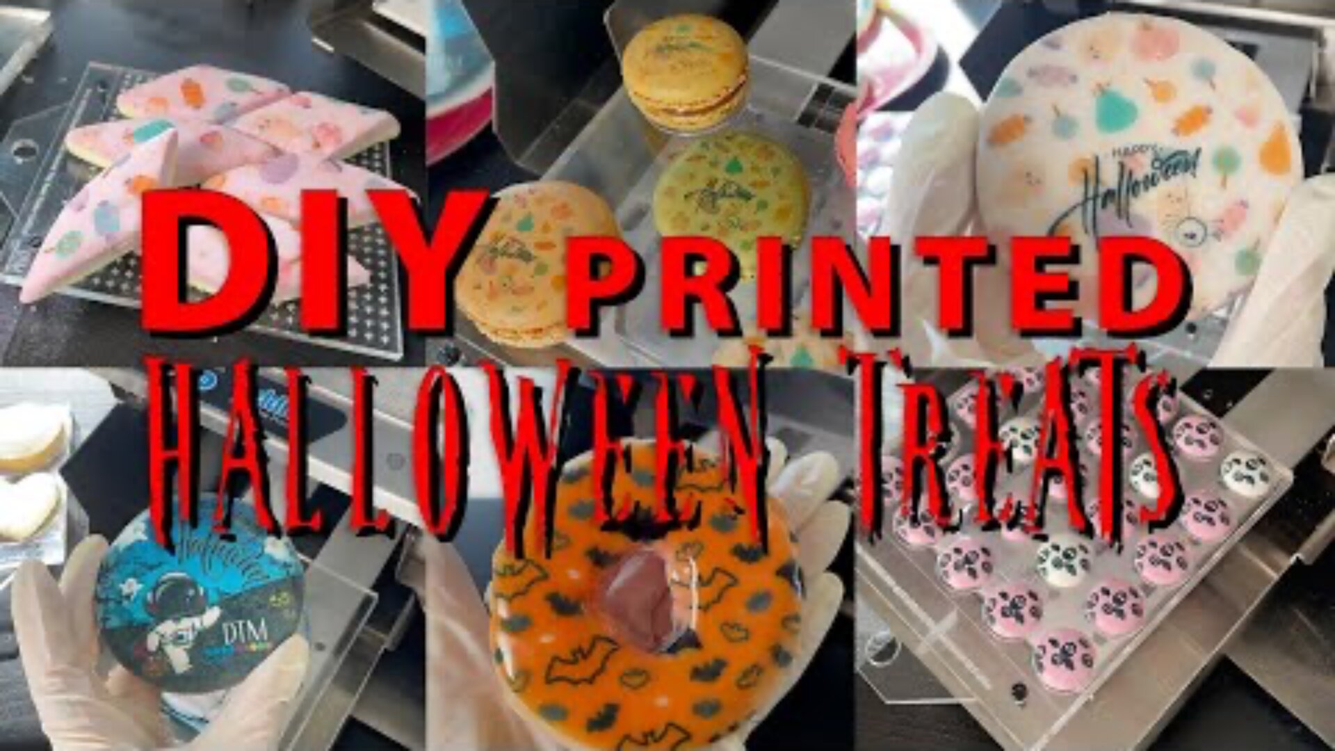 Eine Collage mit Keksen und Leckereien zum Thema Halloween, verziert mit gedruckten Motiven. Der fette rote und schwarze Text in der Mitte lautet DIY PRINTED HALLOWEEN TREATS. Handschuhe halten einige der dekorierten Gegenstände.