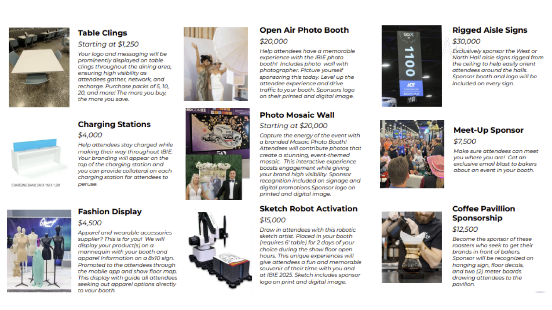 In einer Broschüre werden die Sponsoring-Optionen für die Veranstaltung mit Bildern und Beschreibungen vorgestellt, darunter Tischaufkleber, Fotokabinen, Gangschilder, Ladestationen, Modedisplays, Fotomosaikwände, Skizzenroboter, Meet-up-Sponsoren und Kaffeepavillon-Sponsoring.
