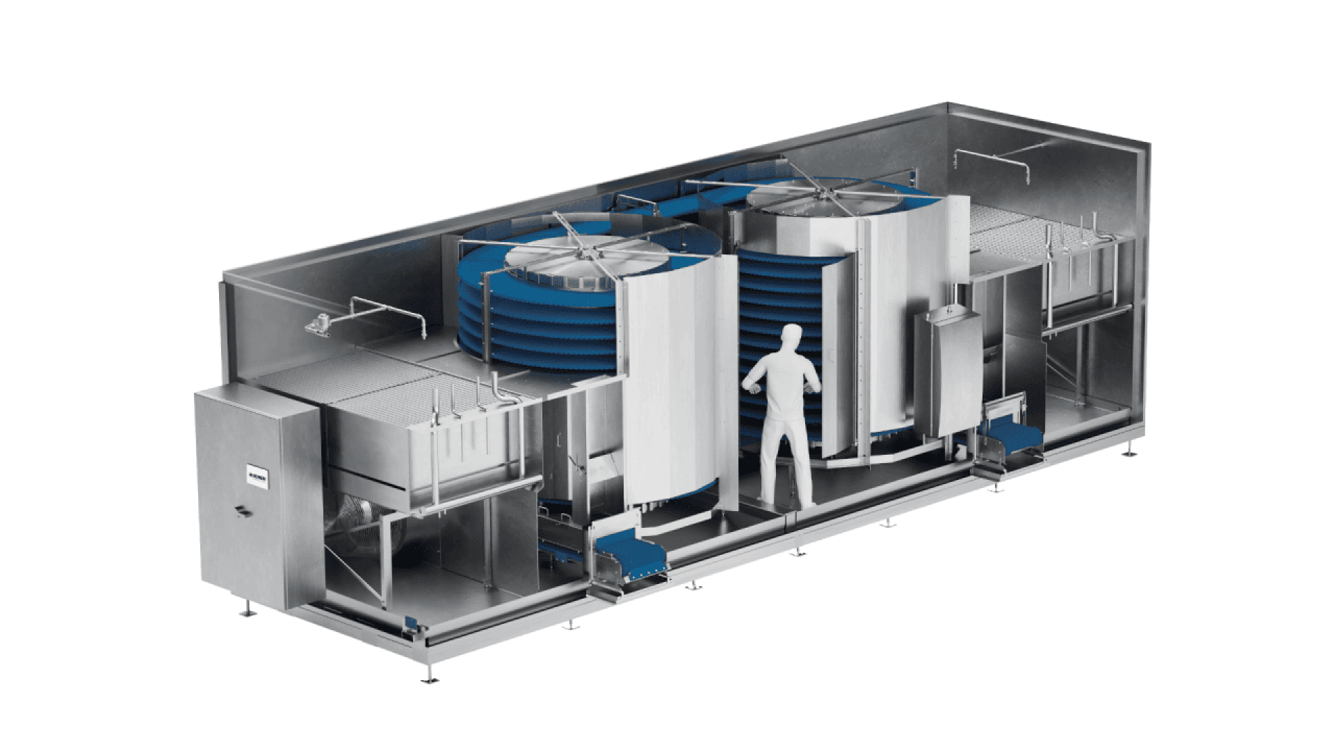 3D rendering of an industrial food processing machine with a human figure for scale, showing two large spiral conveyors and various stainless steel components inside a rectangular enclosure.
