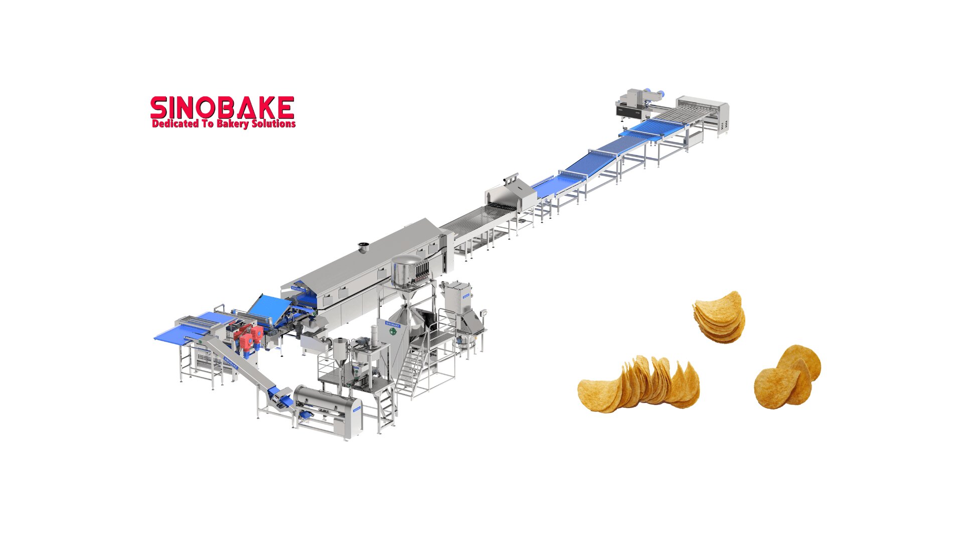 Eine SINOBake-Maschine für die industrielle Lebensmittelverarbeitung ist neben einem Stapel und mehreren Stücken Kartoffelchips auf weißem Hintergrund zu sehen, darüber das SINOBake-Logo und der Slogan.