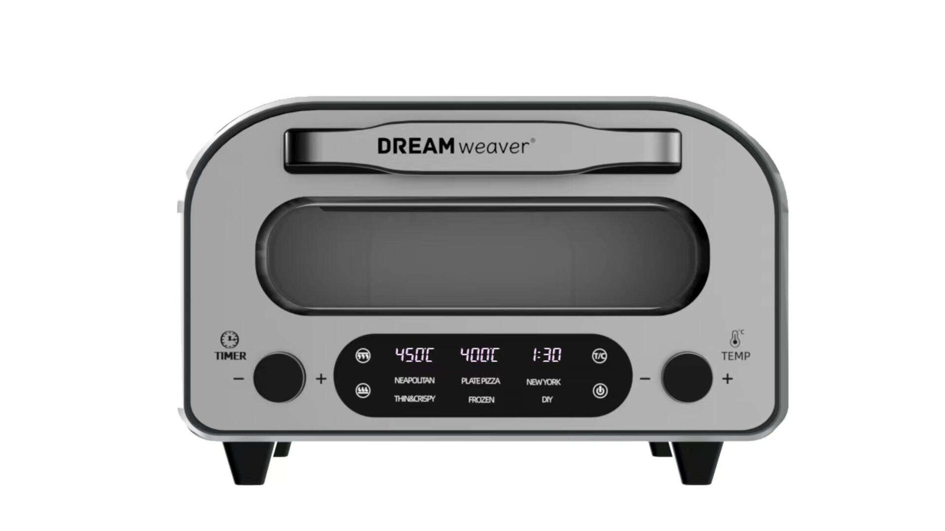 A modern silver toaster labeled DREAMweaver with a digital display showing temperature, time, and various cooking modes including AIRFRY, PIZZA/TOAST, FROZEN, and DEFROST. Timer and temperature buttons are on each side.