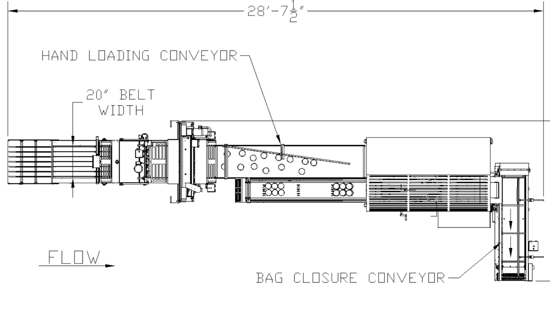 Black and white technical drawing of a conveyor system showing a hand loading conveyor (20 belt width) transitioning to a bag closure conveyor, with directional flow indicated and overall length labeled as 28-7½.