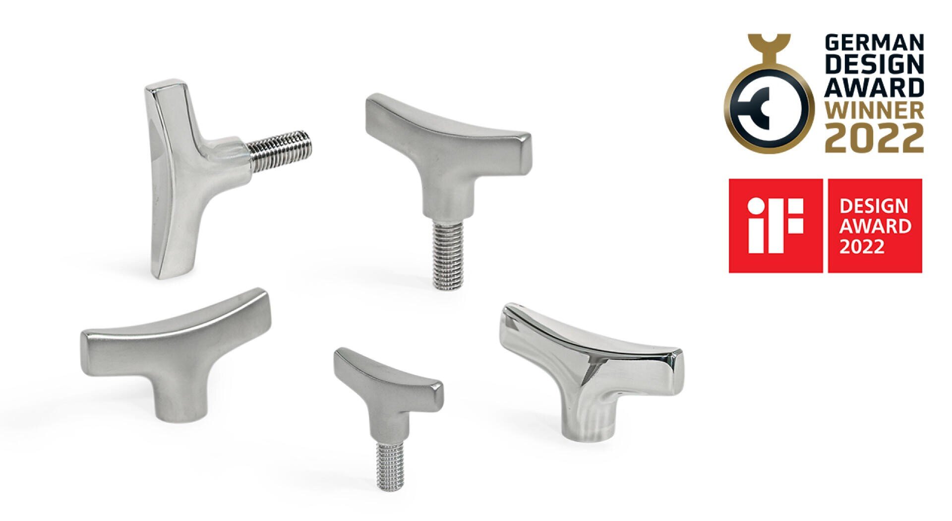 Five metallic, T-shaped knobs of varying sizes are displayed on a white background. Award logos for the German Design Award 2022 and iF Design Award 2022 appear on the right side.