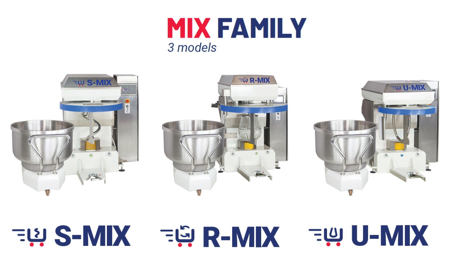 Three industrial dough mixer machines labeled S-MIX, R-MIX, and U-MIX, side by side on a white background with the text “MIX FAMILY 3 models” above them.
