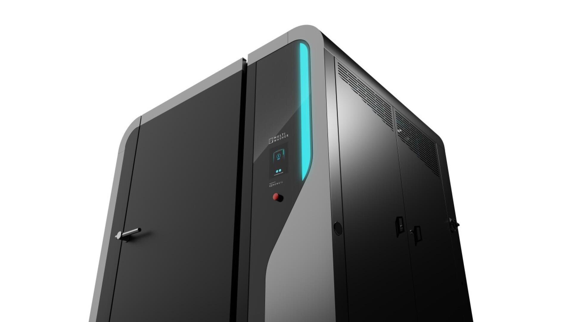 Sleek, black server cabinet or data center unit with a vertical blue light strip and control panel, photographed against a white background.