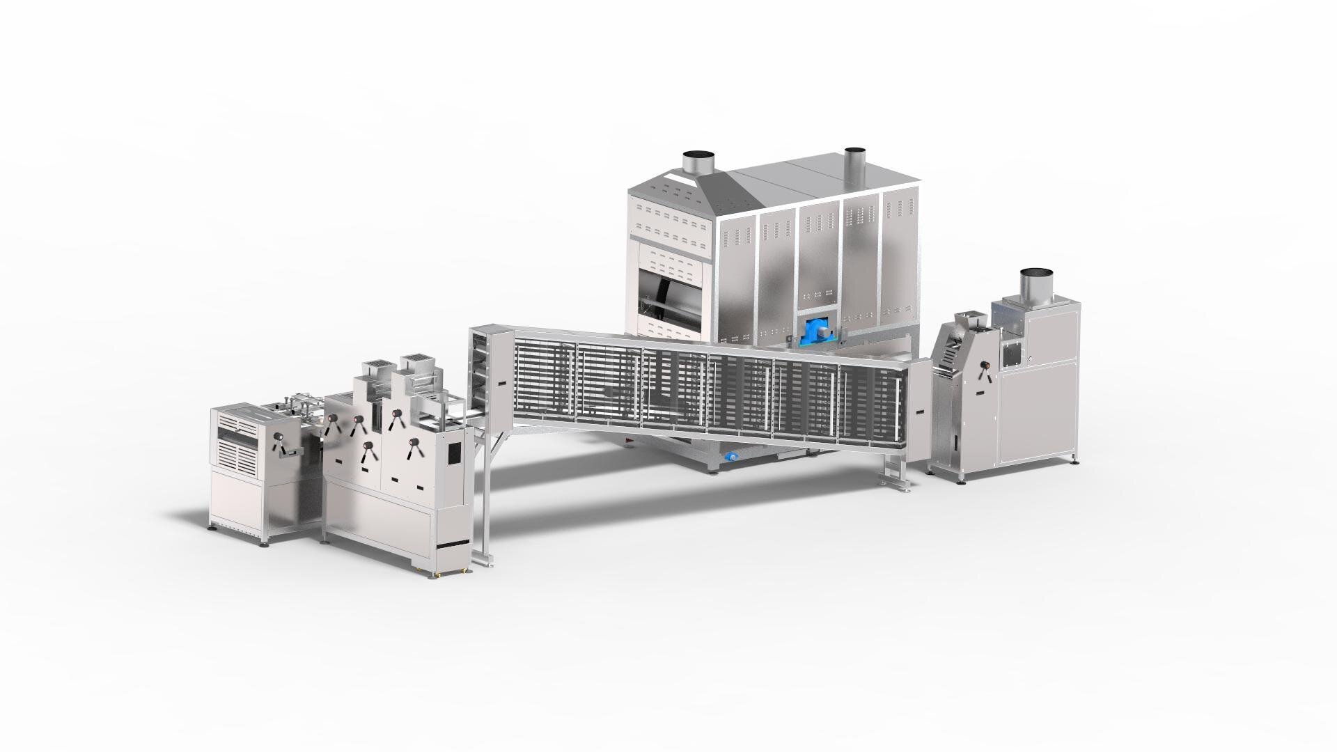 A large industrial food processing machine with multiple stainless steel components, vents, and a conveyor belt system, all set against a plain white background.