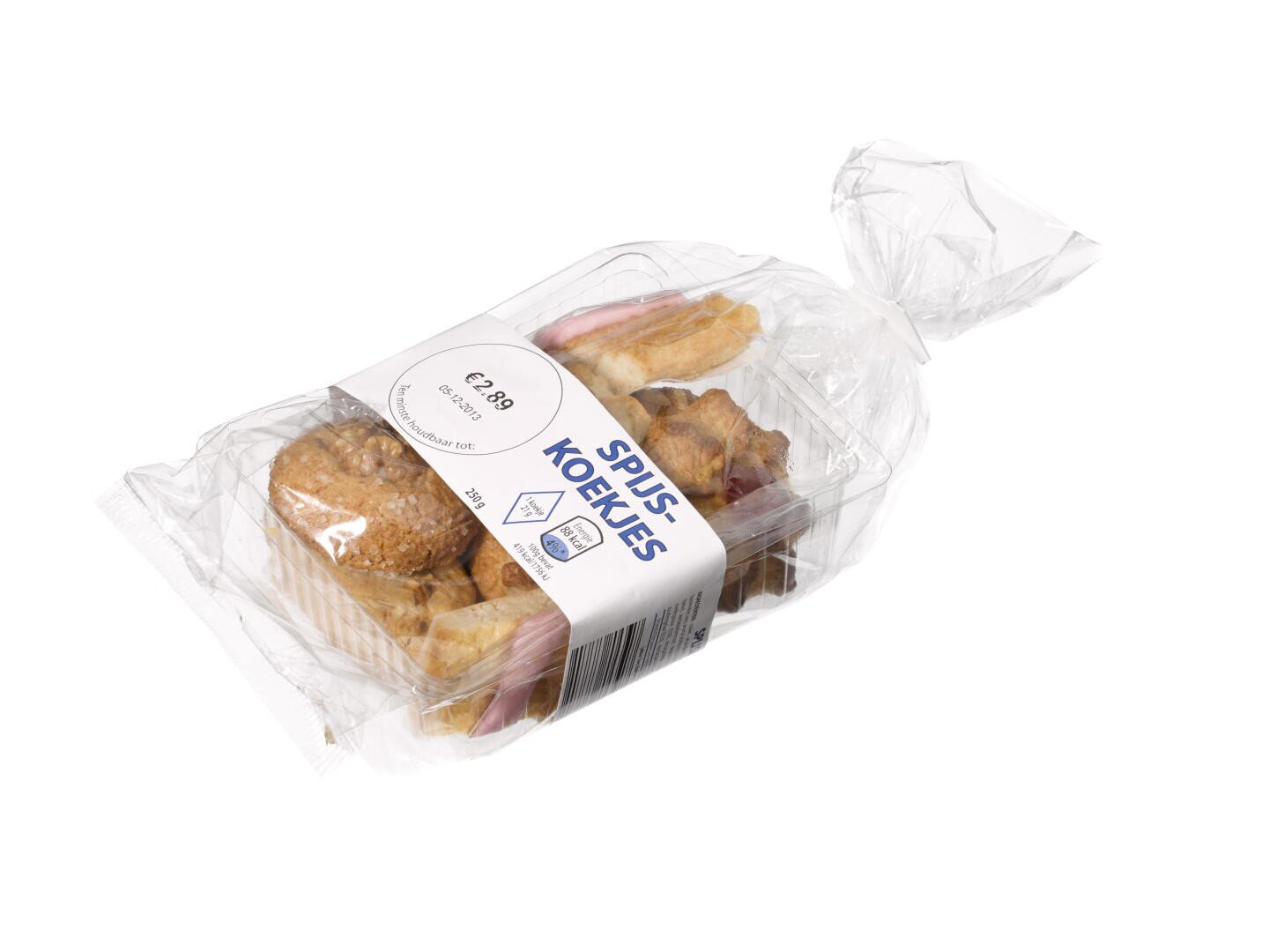 A clear plastic package of Spijs Koekjes almond cookies, partially open, showing several round cookies inside. The label includes text, a barcode, and a price of €2.89.