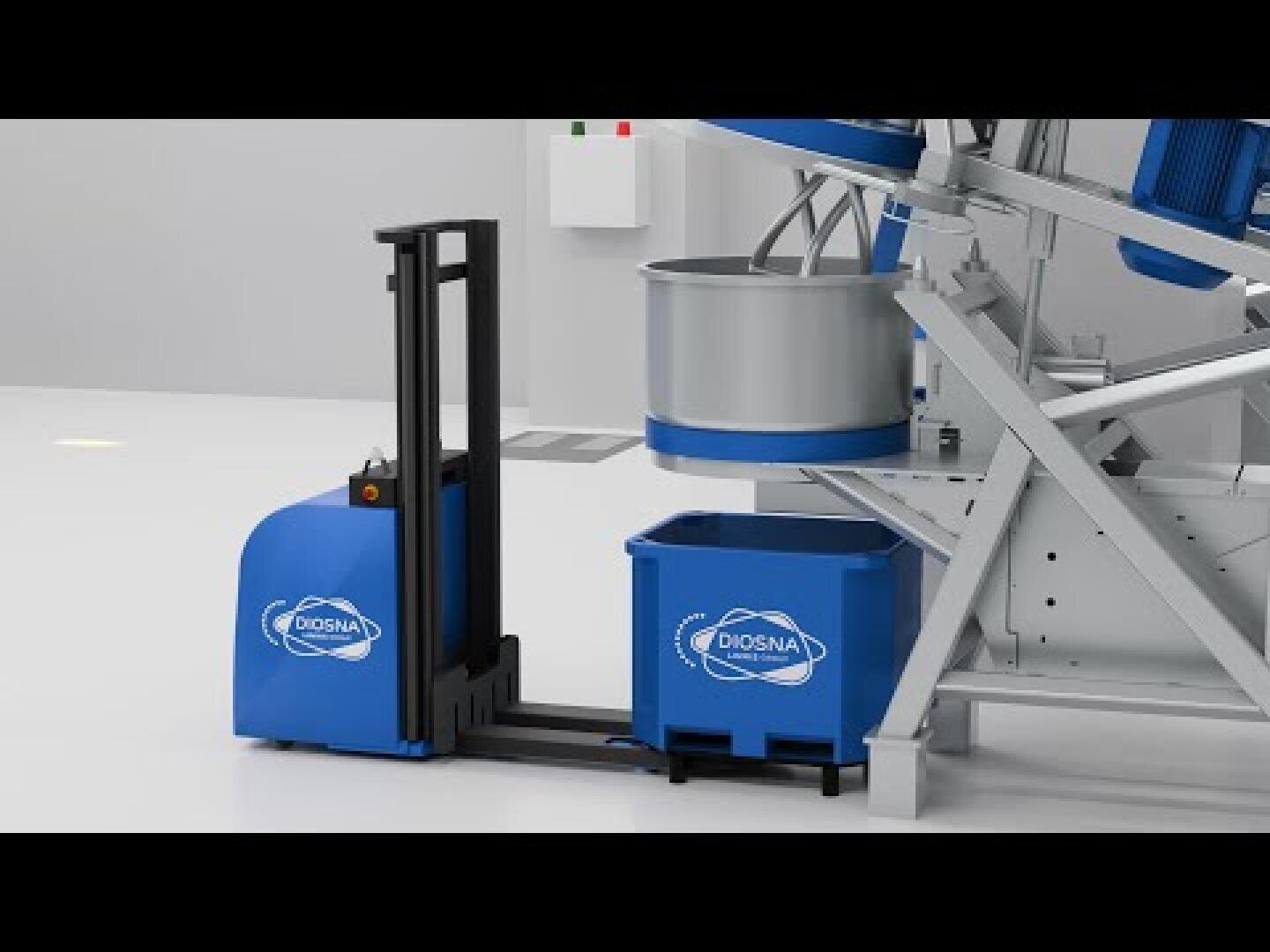 A blue automated industrial machine labeled DIOSNA lifts a blue container next to a large stainless steel mixing bowl in a clean, modern facility.