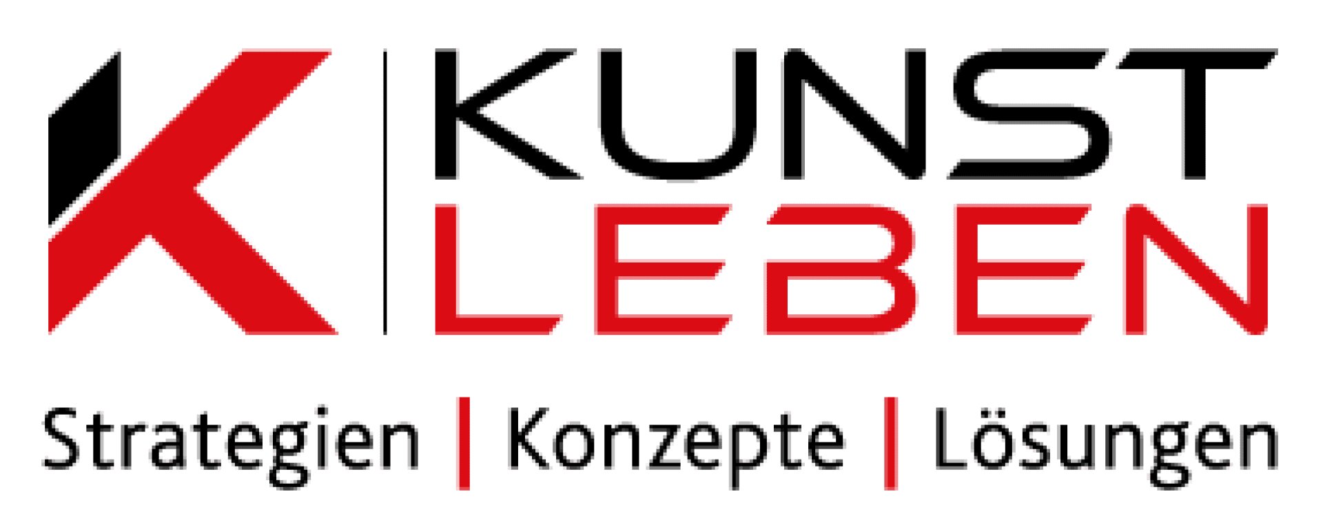 Logo mit einem großen stilisierten roten und schwarzen K neben den Worten KUNST LEBEN und dem Text Strategien | Konzepte | Lösungen unten.