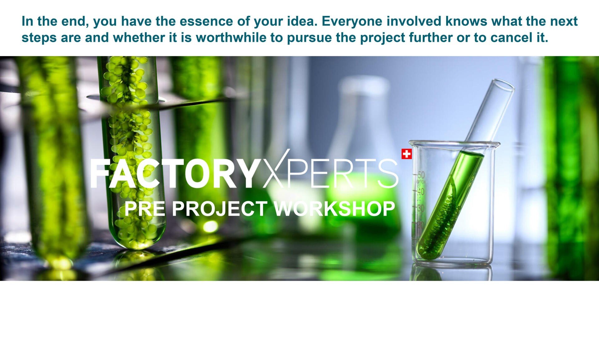 Close-up of test tubes and a beaker with green liquid in a laboratory setting. Overlaid text reads: FACTORYXPERTS PRE PROJECT WORKSHOP with a quote about understanding project steps.