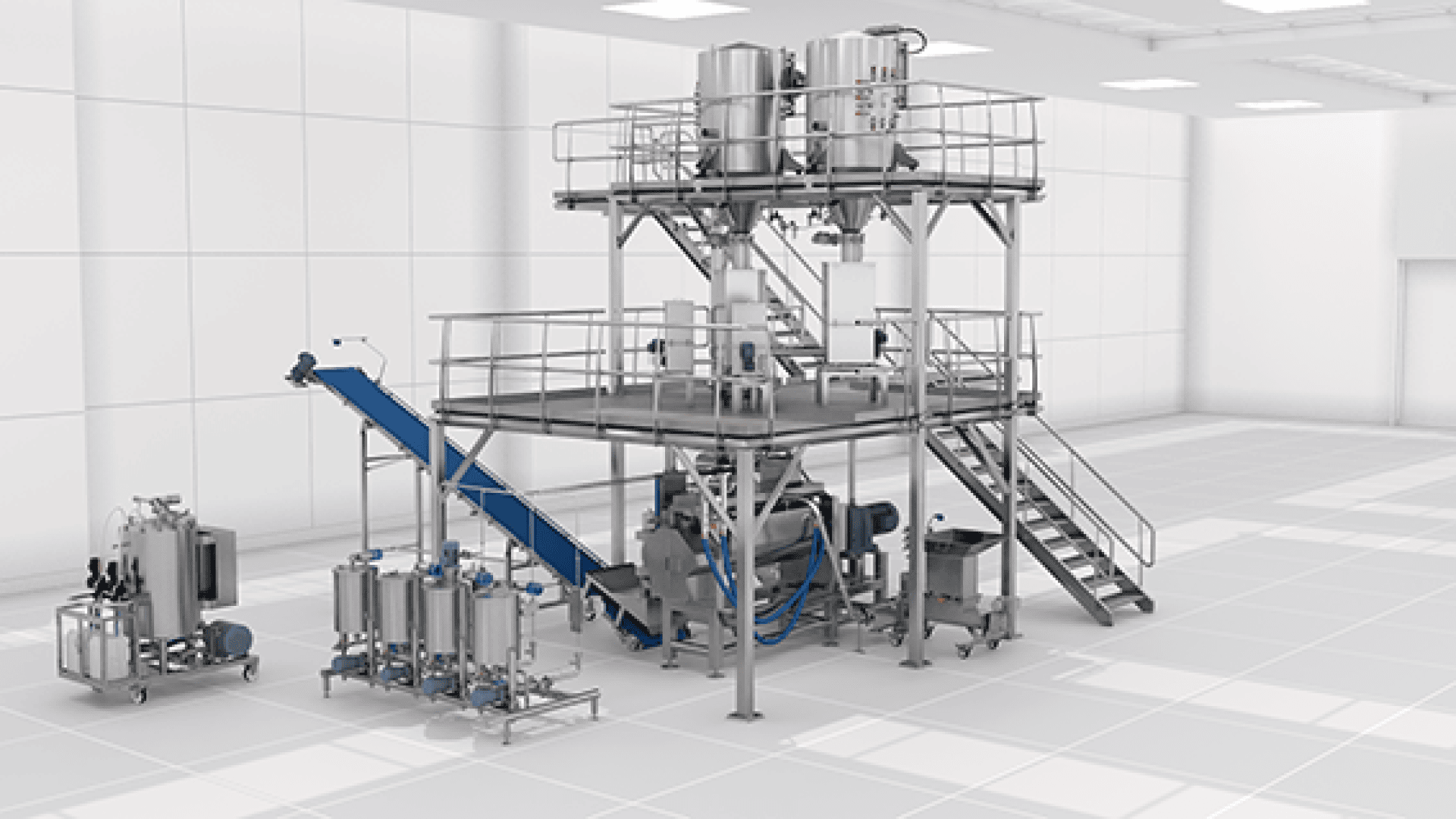 Industrial food processing equipment in a clean, white facility, featuring a metal platform with tanks, a blue conveyor belt, pipes, stairs, and various machinery arranged around the structure.