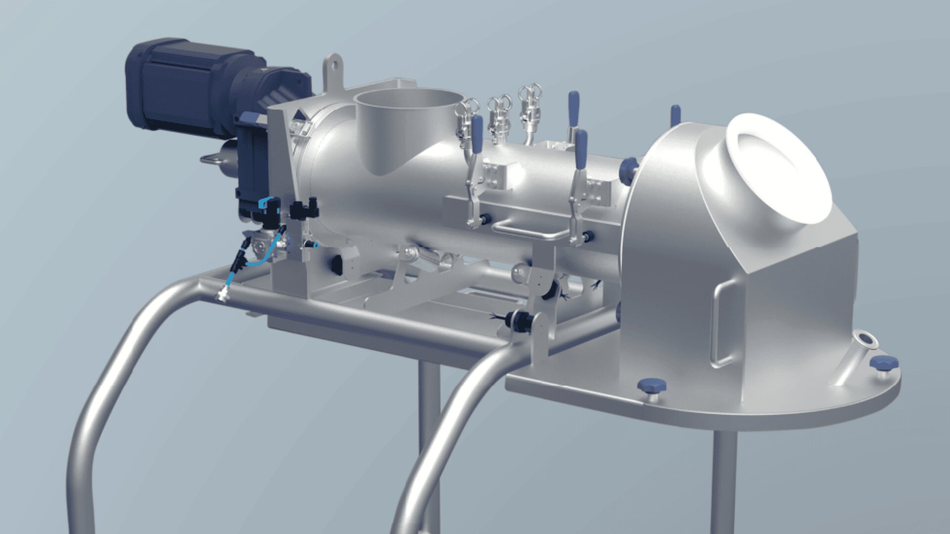 Eine metallische Industriemaschine mit verschiedenen Ventilen, Hebeln und einem Motor, die auf einem Ständer montiert ist, vor einem hellblauen Hintergrund.