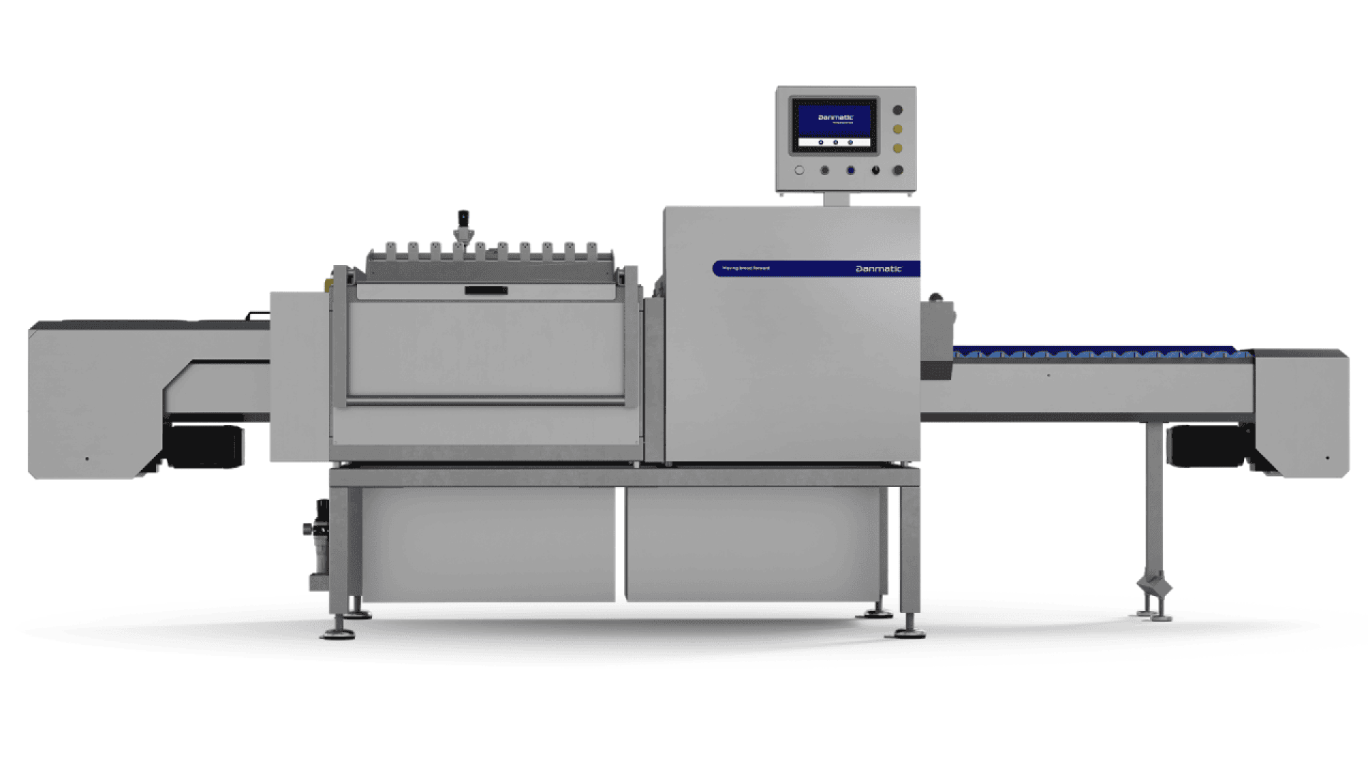 A large industrial food processing machine with a conveyor belt, control panel with display screen, and metallic body, designed for automated packaging or production tasks in a factory setting.