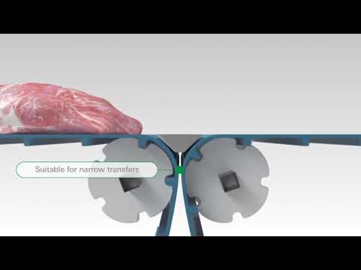 A piece of raw meat is shown being transferred across two blue conveyor belts with a narrow gap. Text overlay reads, Suitable for narrow transfers.