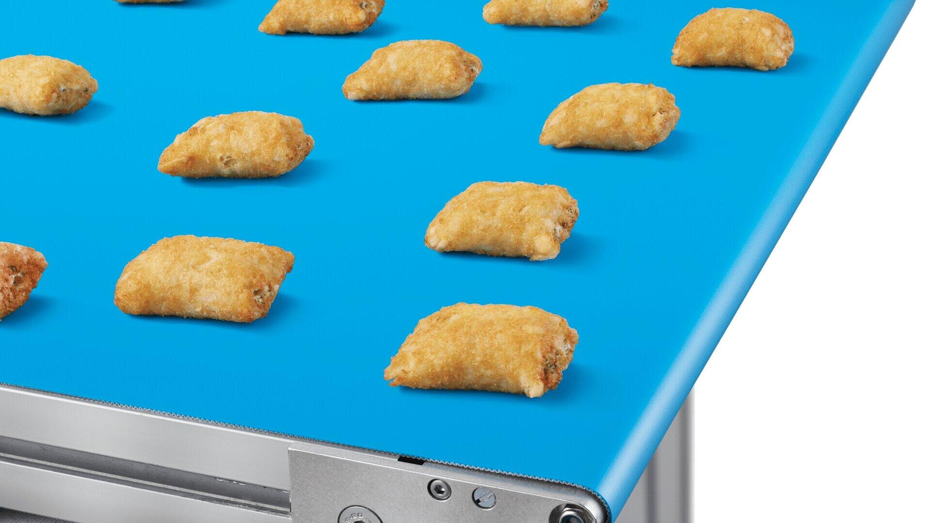 Quadratische, panierte Snacks liegen in gleichmäßigen Abständen auf einem hellblauen Förderband, wahrscheinlich in einer Lebensmittelverarbeitungs- oder Verpackungsanlage.