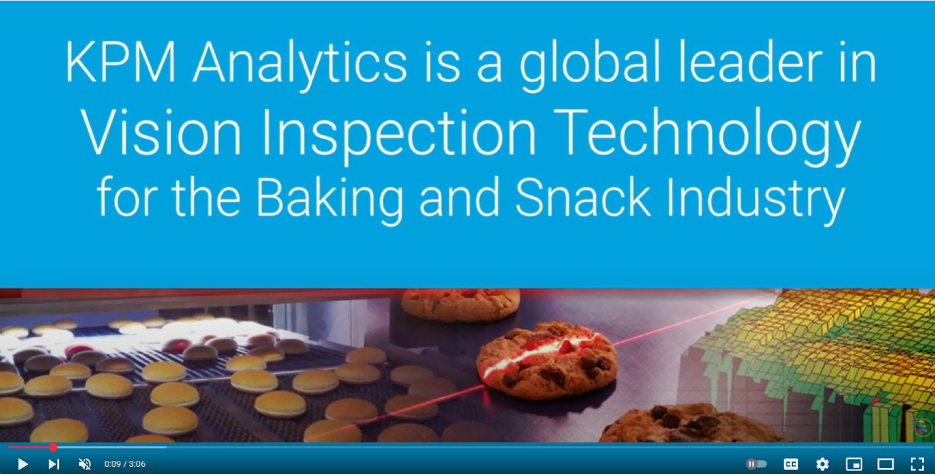 A blue banner reads “KPM Analytics is a global leader in Vision Inspection Technology for the Baking and Snack Industry.” Below are images of cookies, a laser scanning baked goods, and a 3D rendered inspection model.