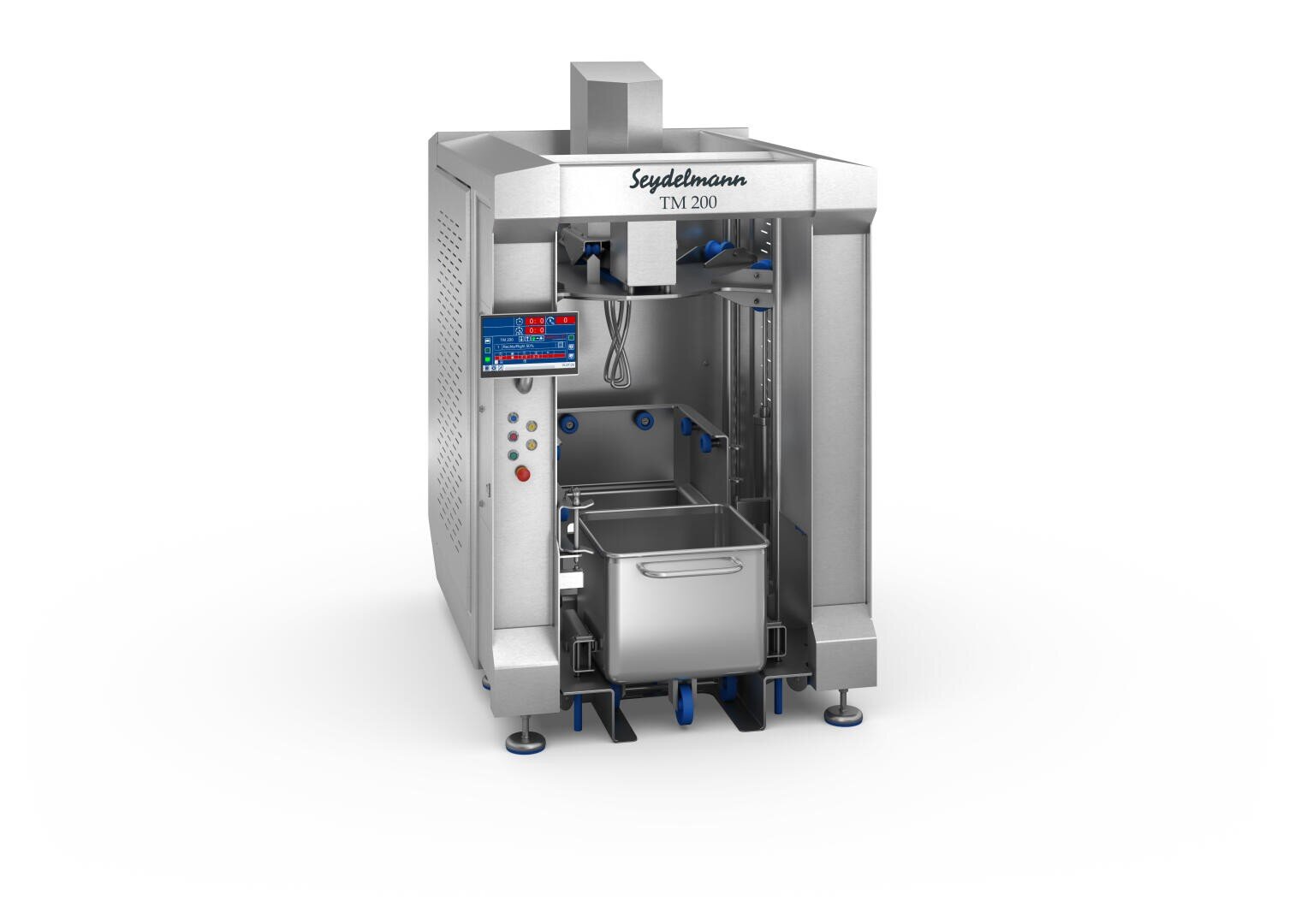 A large, industrial stainless steel machine labeled Seydelmann TM 200 with digital controls and a metal bin underneath, designed for food processing or mixing.