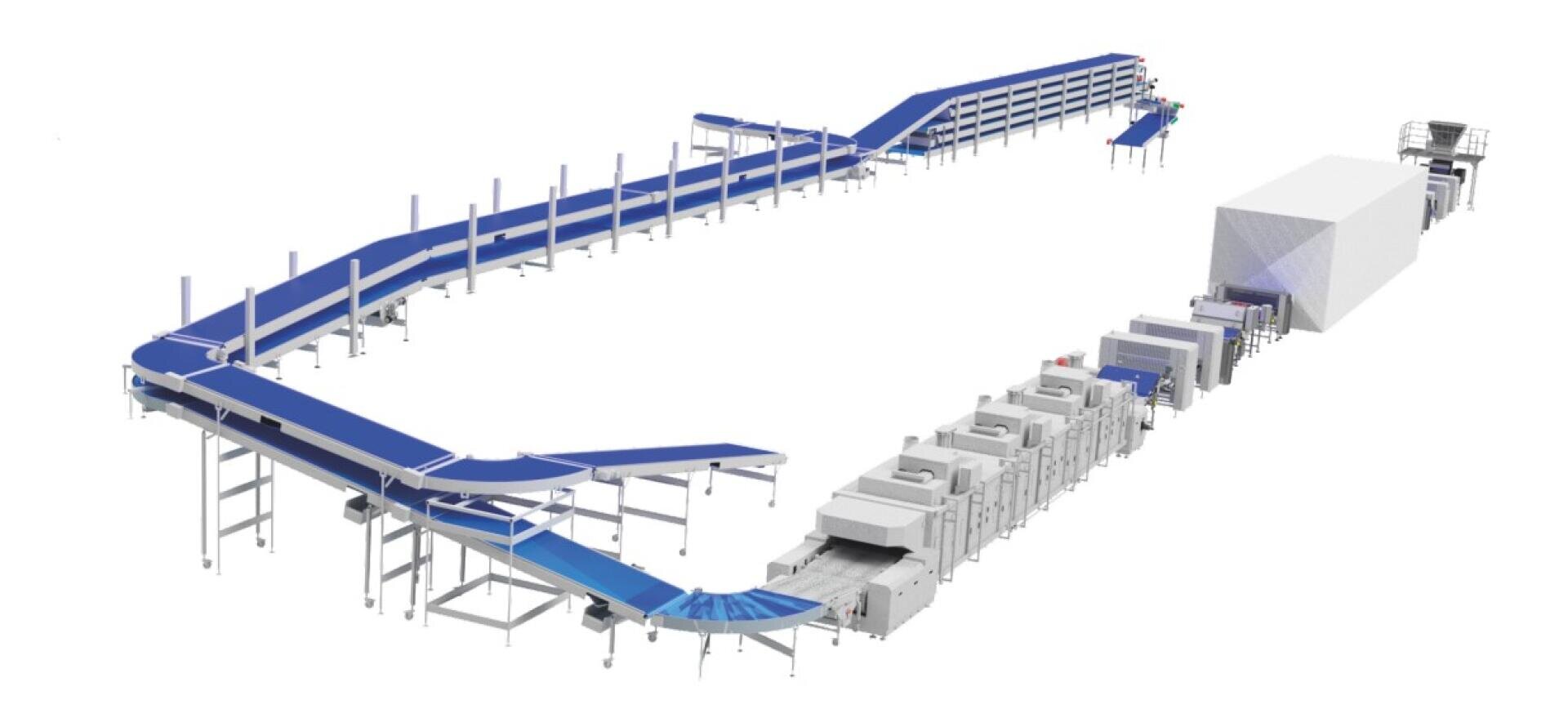 A large automated conveyor belt system with blue tracks, various curves and levels, connecting to multiple sorting machines and a white enclosed structure at the end.