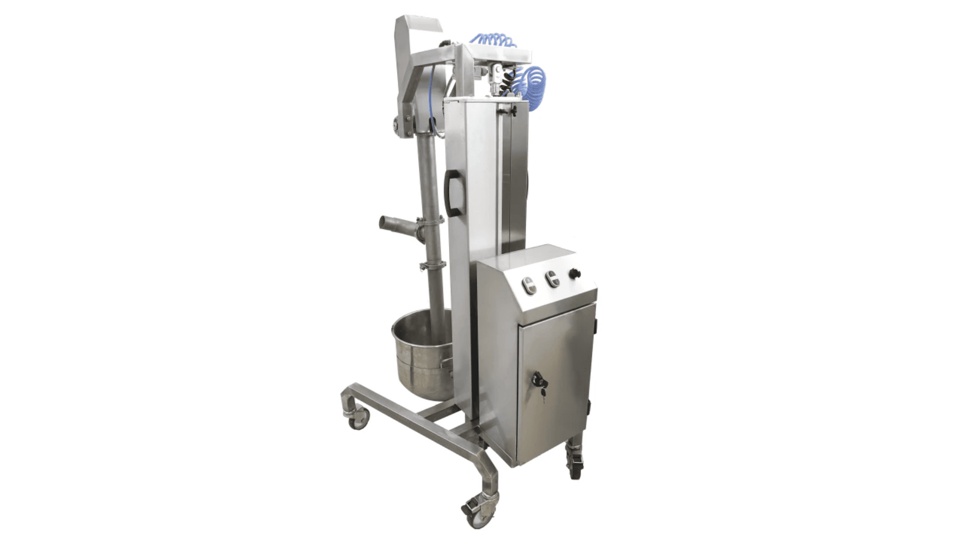 A stainless steel industrial food processing machine with wheels, a mixing bowl, control panel, and mechanical arm, designed for commercial use, isolated on a white background.