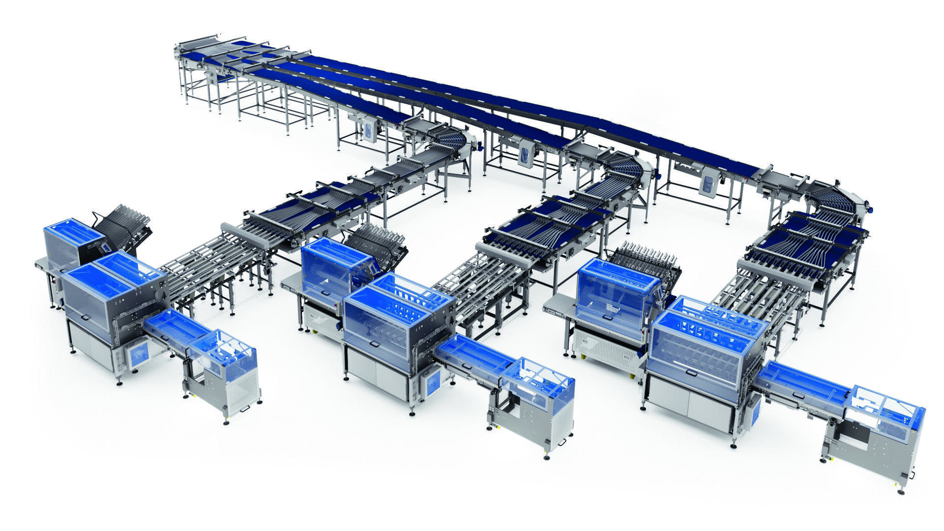 A large, automated factory conveyor system with multiple blue and silver machines connected by belts and roller tracks, designed for sorting or packaging items in an industrial setting.