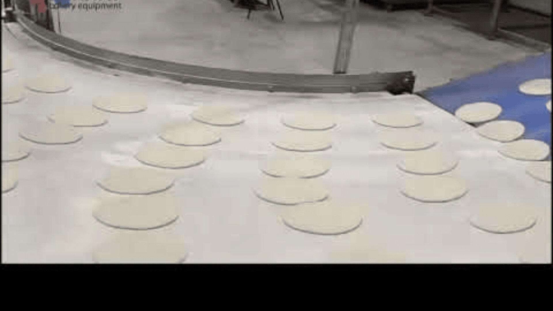 Rows of flat, round pieces of dough move along a conveyor belt in a factory hall, which is probably part of an automated food production process.