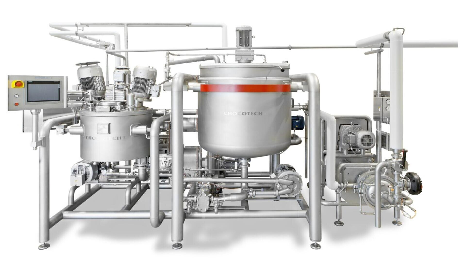 A large stainless steel industrial mixing machine with multiple tanks, motors, pipes, and a control panel, used for food or chemical processing, set against a white background.
