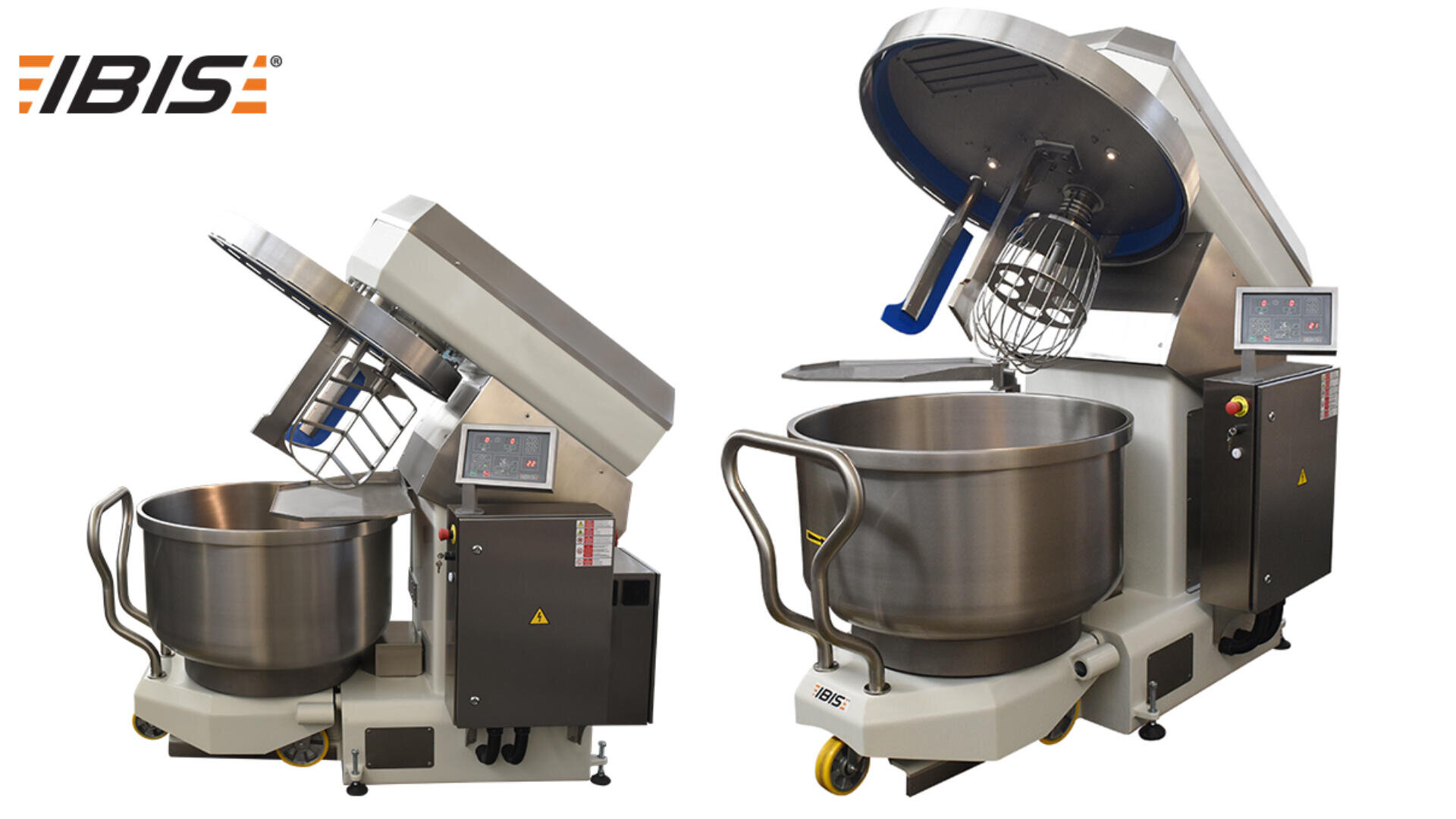 Two large industrial dough mixers with stainless steel bowls and open lids are shown from different angles. The IBIS brand logo appears in the top left corner. Both machines have control panels and mobility wheels.