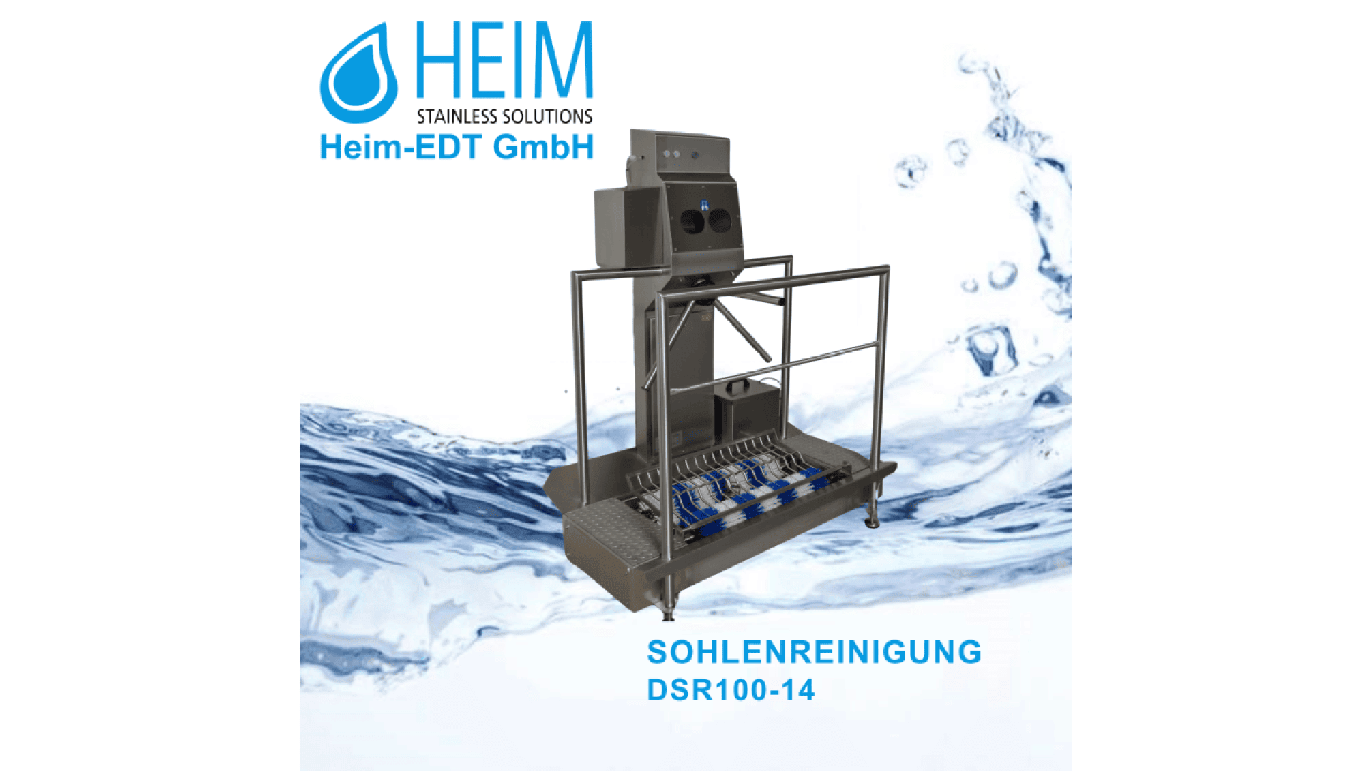 Stainless steel sole cleaning machine (DSR100-14) by Heim-EDT GmbH, featuring brushes and a frame, displayed on a water splash background with company logo and SOHLENREINIGUNG text.