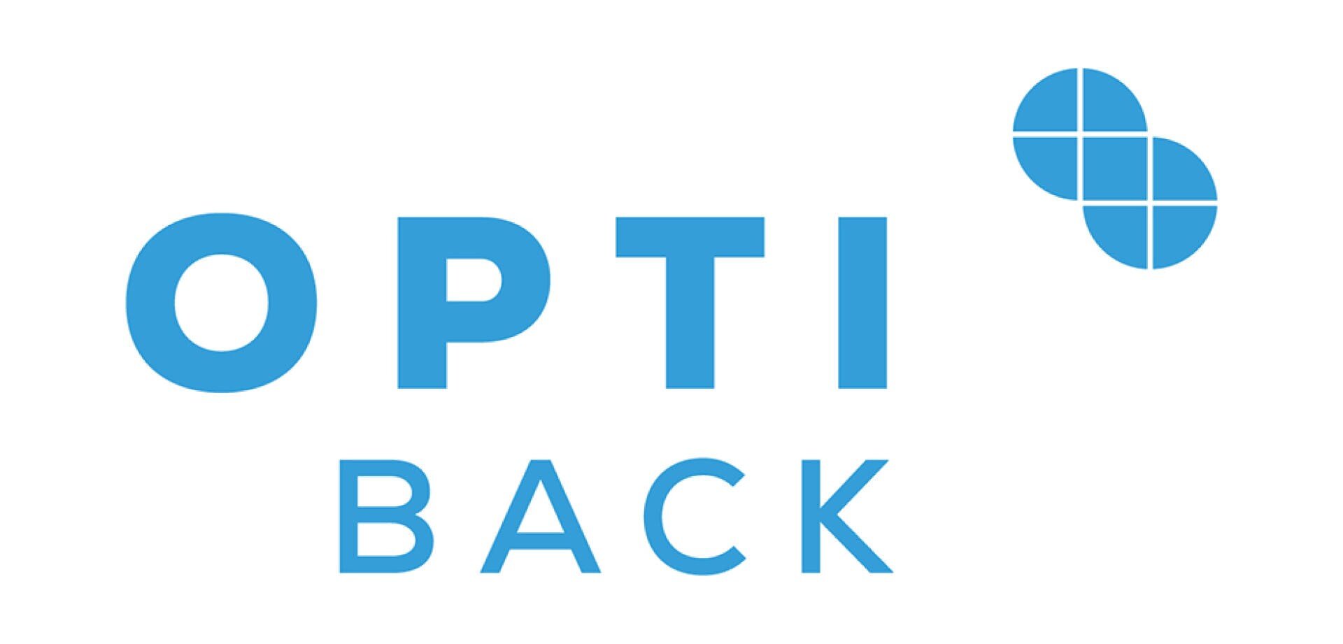 Logo mit dem Wort OPTI in großen blauen Buchstaben über dem Wort BACK in kleineren blauen Buchstaben, daneben zwei blaue Kreisformen, die in Viertel unterteilt sind und ein abstraktes Muster bilden.
