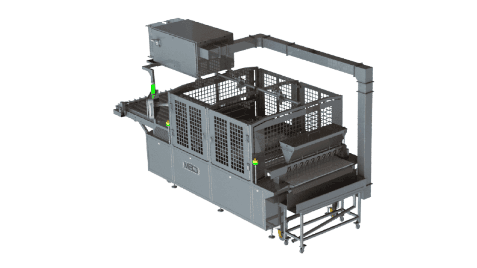Eine 3D-gerenderte Industriemaschine mit einem Metallrahmen, Schutzgittern, Förderbändern und erhöhten Komponenten, die für die automatisierte Verarbeitung oder Verpackung in einer Fabrikumgebung konzipiert ist.