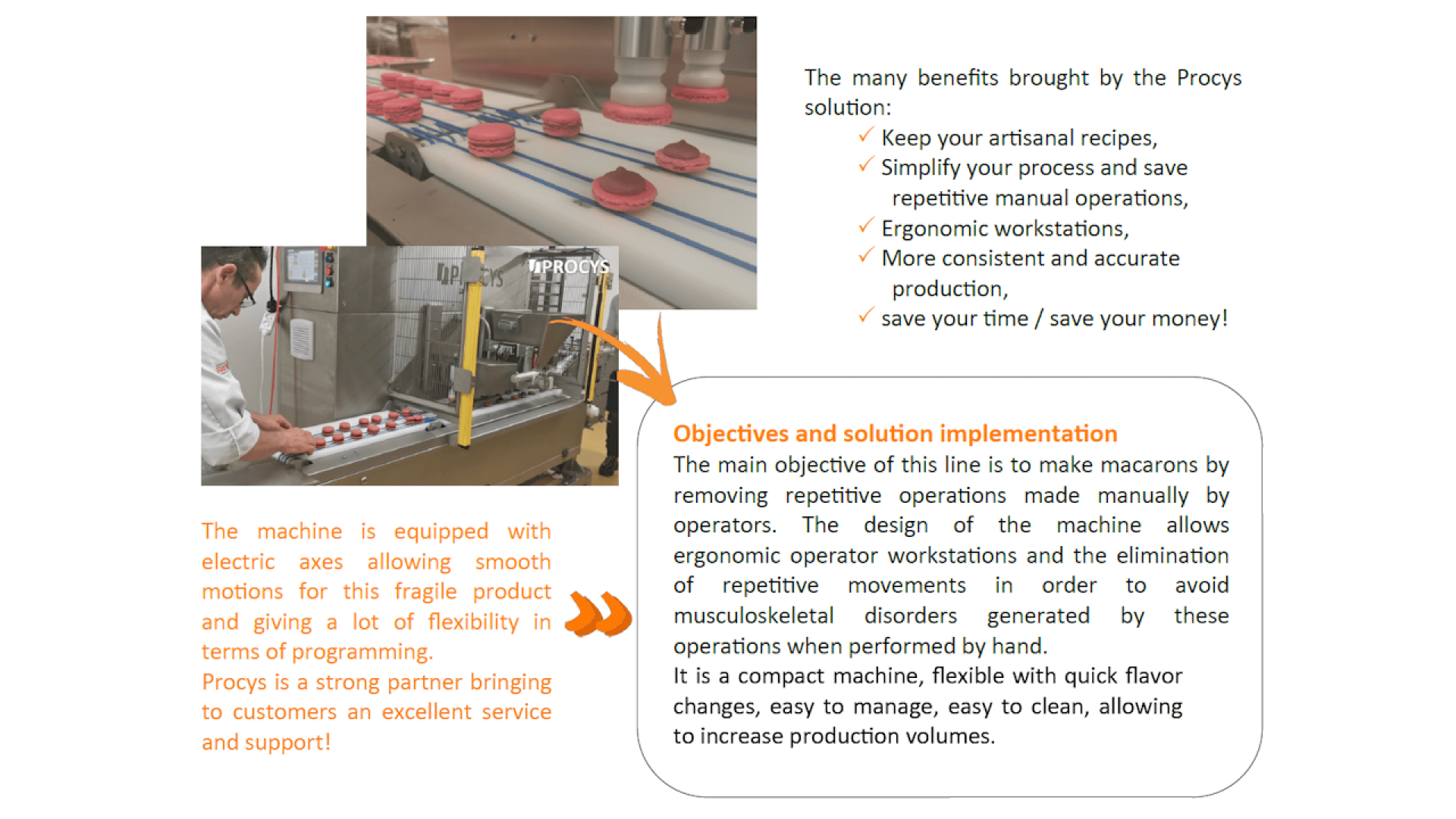 A diagram explains the Procys solution for making macarons, highlighting machine features like electric axes and flexibility. Key benefits and objectives are listed such as efficiency, ergonomic workstations, and cost savings.