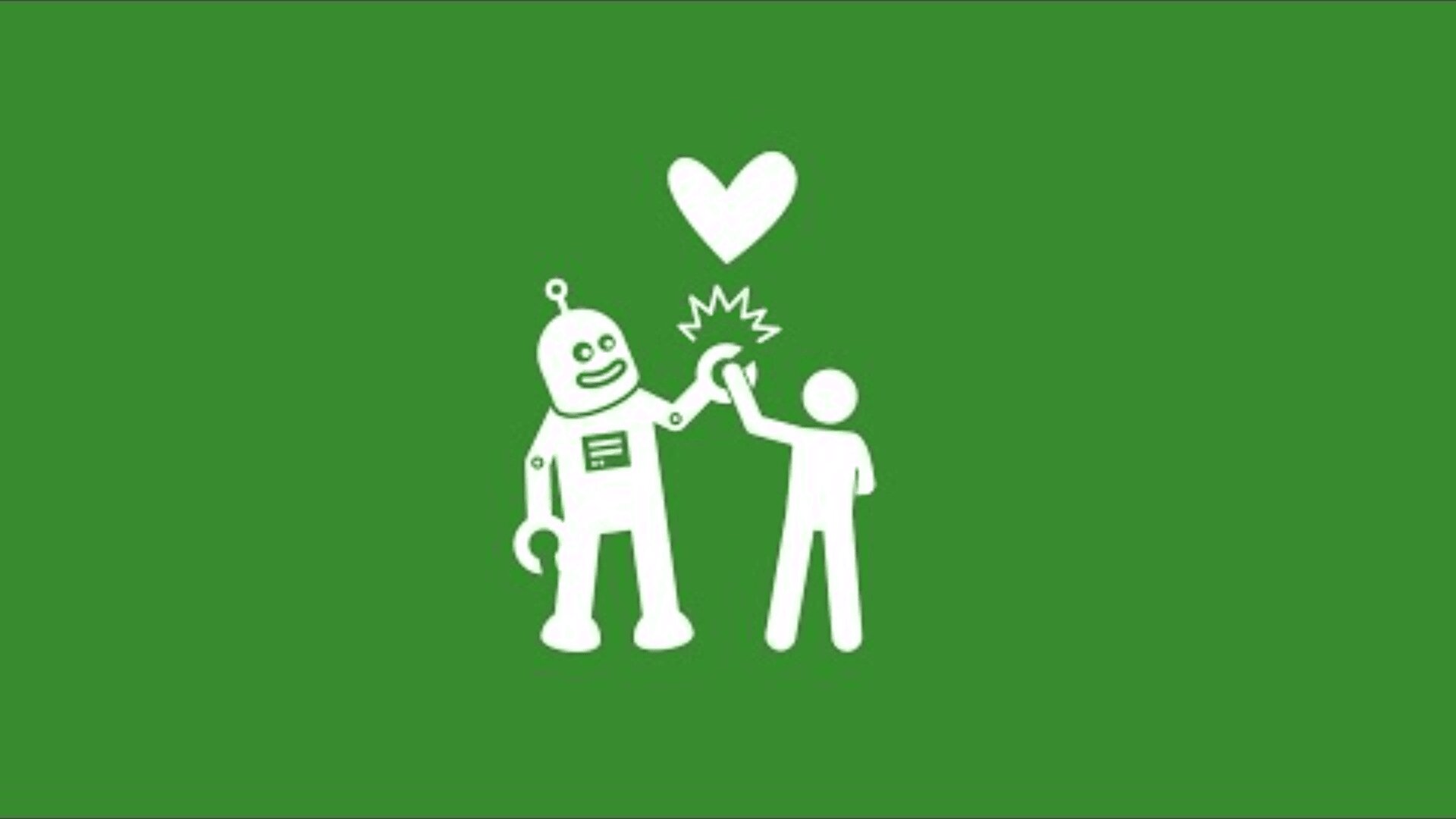 Ein weißer Roboter und eine Person geben sich gegenseitig ein High Five, über ihnen ist ein Herz, vor einem grünen Hintergrund.