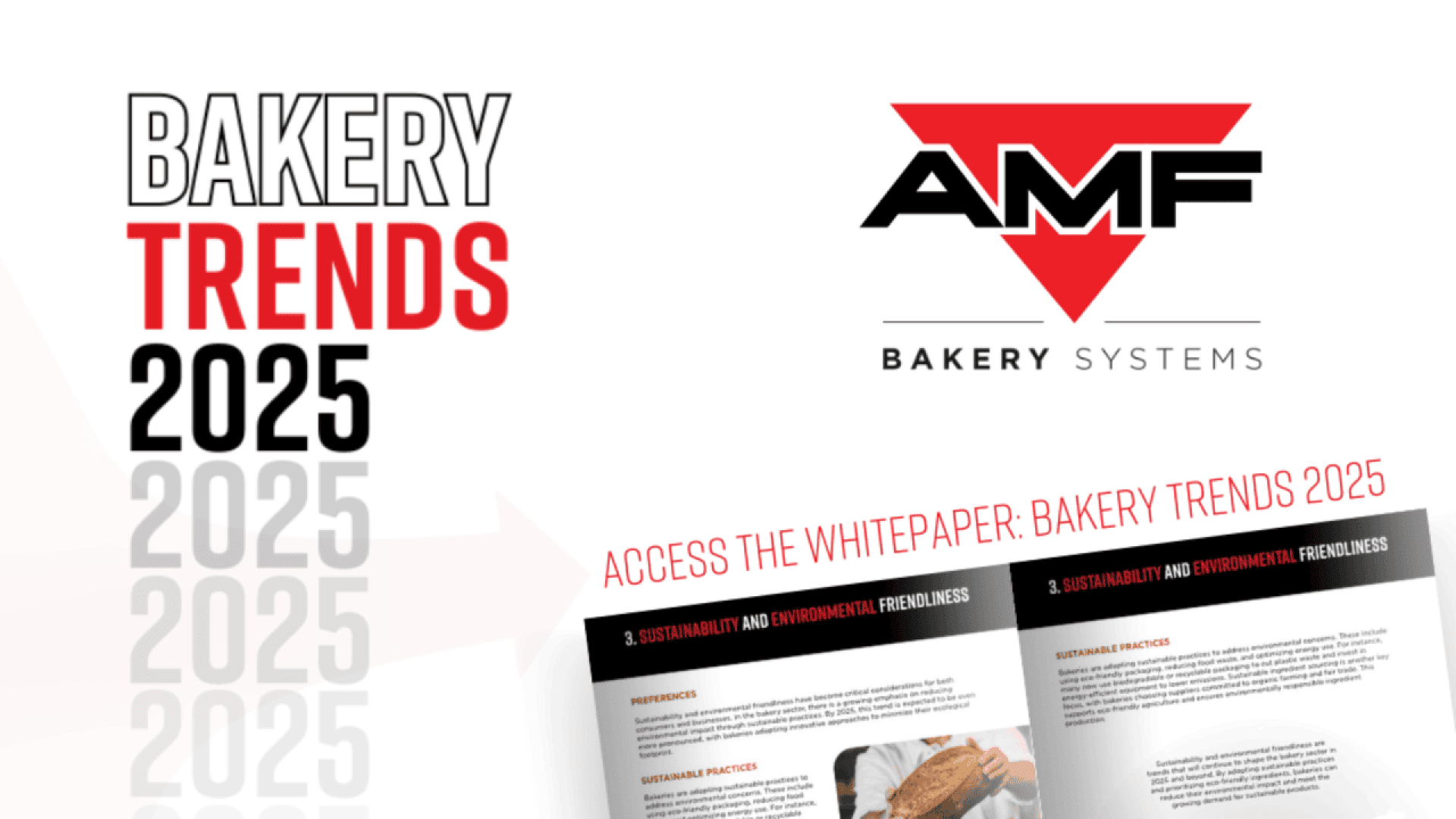 Graphic with Bakery Trends 2025 text, AMF Bakery Systems logo, and images of a whitepaper titled Bakery Trends 2025 featuring sustainability and environmental friendliness topics.