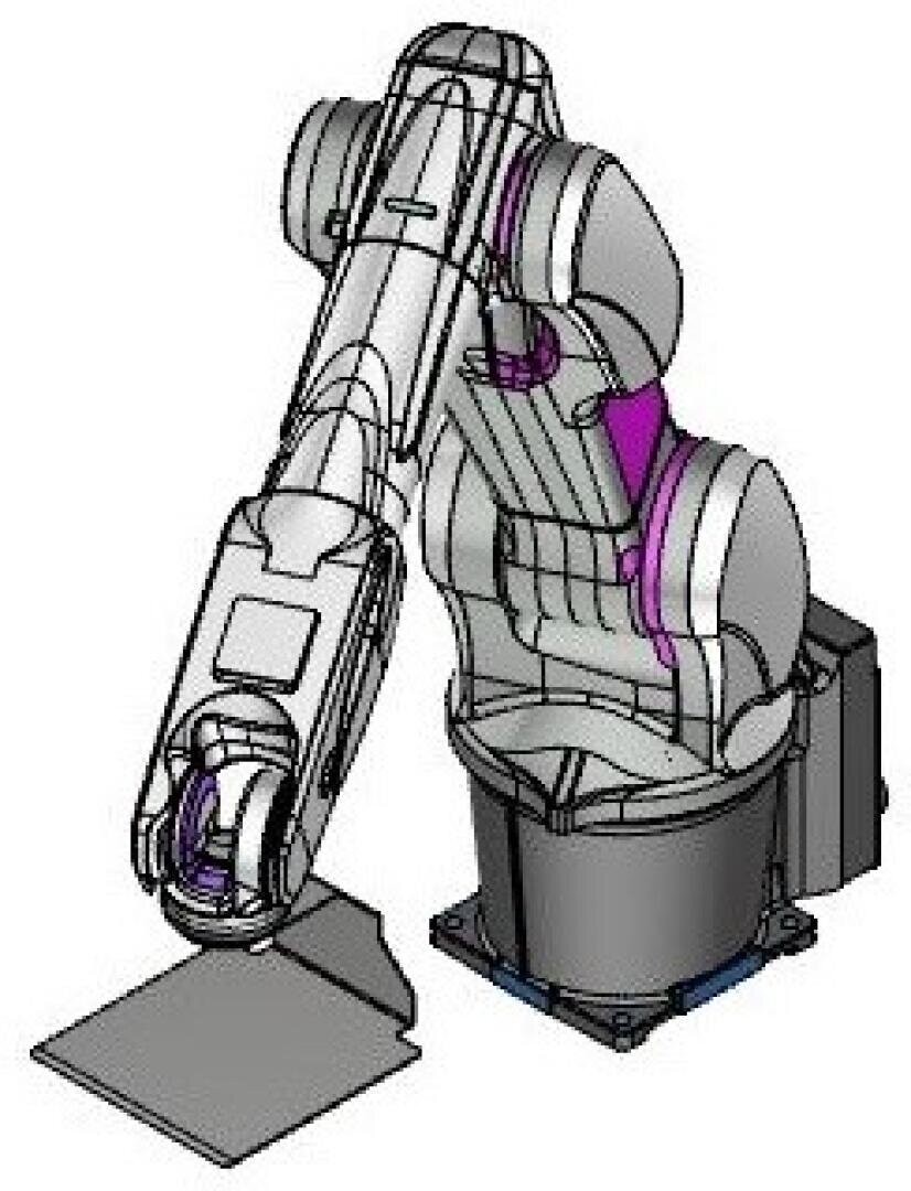Eine 3D-gerenderte Illustration eines Roboterarms mit mehreren Gelenken, montiert auf einer Basis, positioniert über einer flachen rechteckigen Oberfläche, hauptsächlich grau mit einigen lila Details.