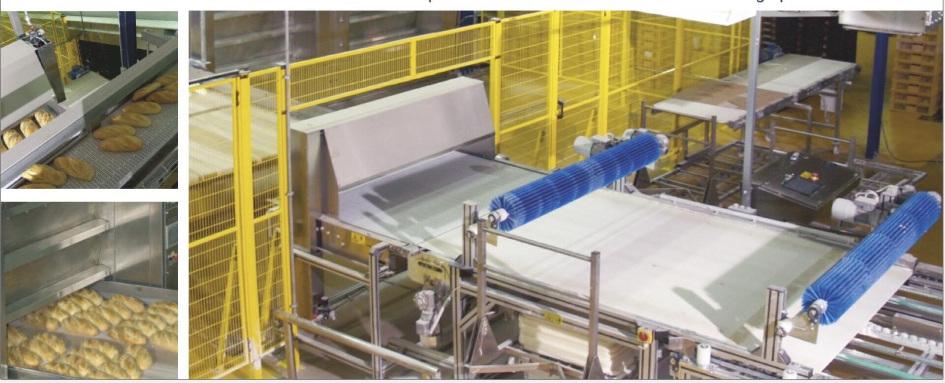 A commercial bakery conveyor system with bread loaves on moving belts, surrounded by yellow safety railings and metal machinery. Two insets show close-ups of bread loaves on the conveyor.