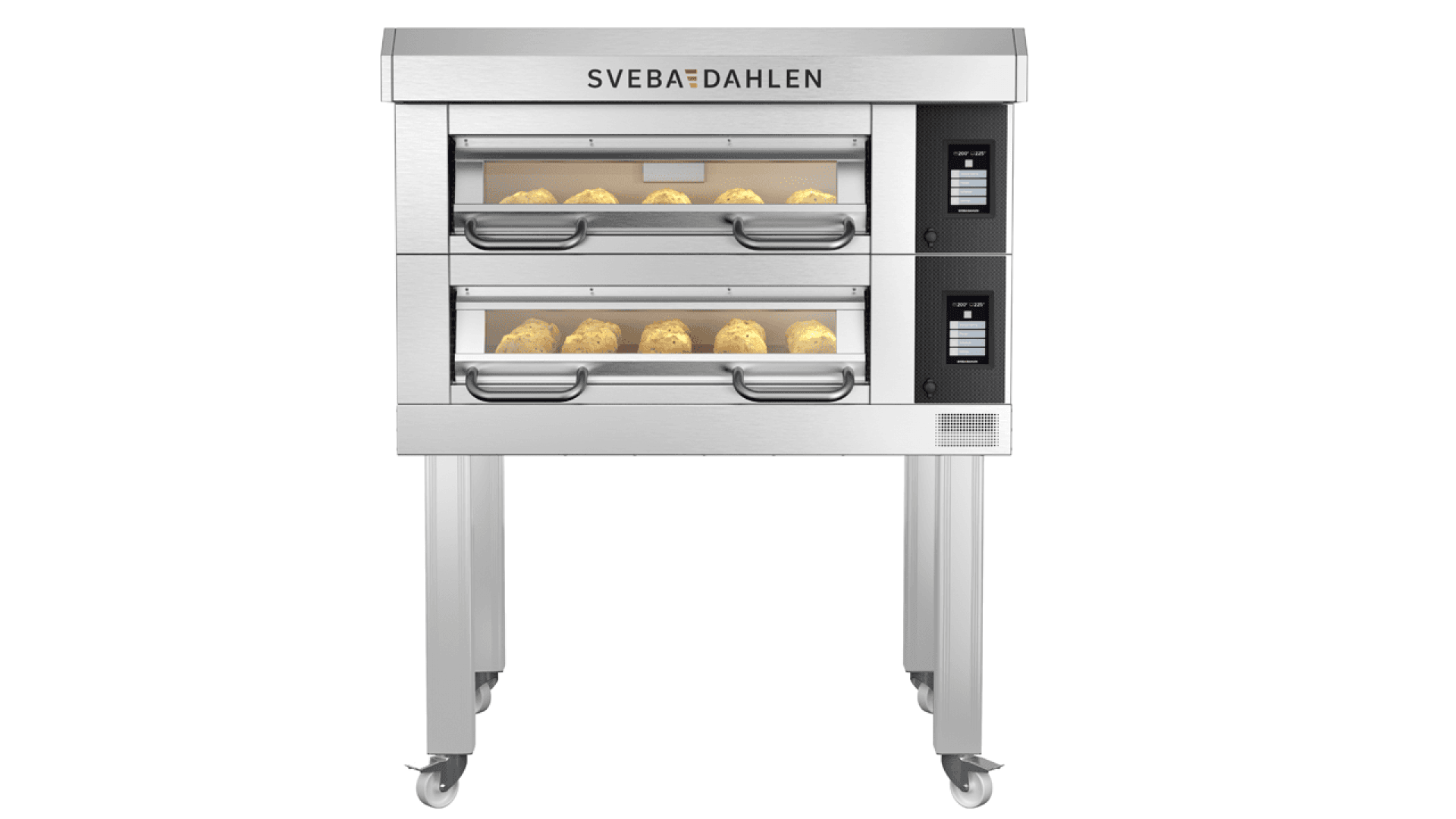 Ein kommerzieller Doppeldeckerbackofen aus Edelstahl mit zwei Glastüren, in denen sich jeweils Teigschalen befinden. Der Ofen steht auf vier Rädern und trägt auf der Oberseite den Markennamen "Sveba Dahlen".