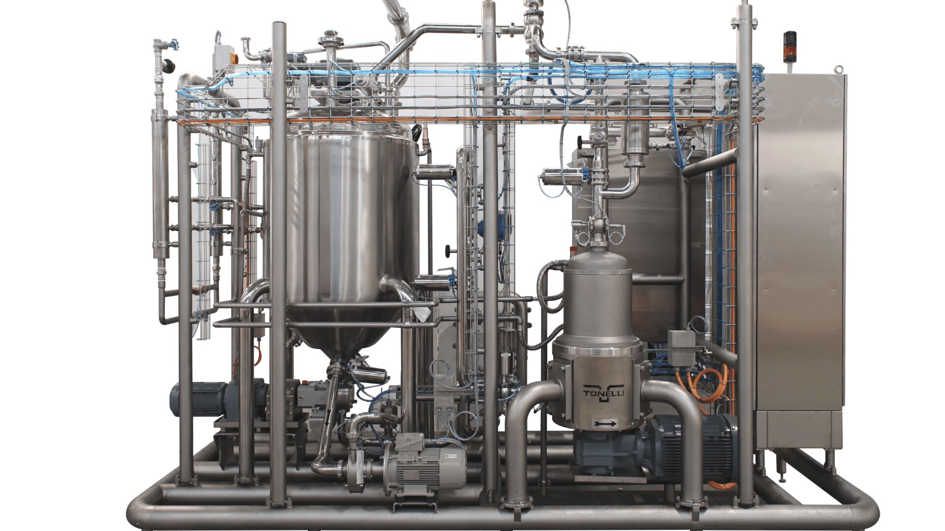 A stainless steel industrial processing machine with multiple tanks, pipes, valves, and gauges, used for liquid handling or manufacturing in a factory setting.