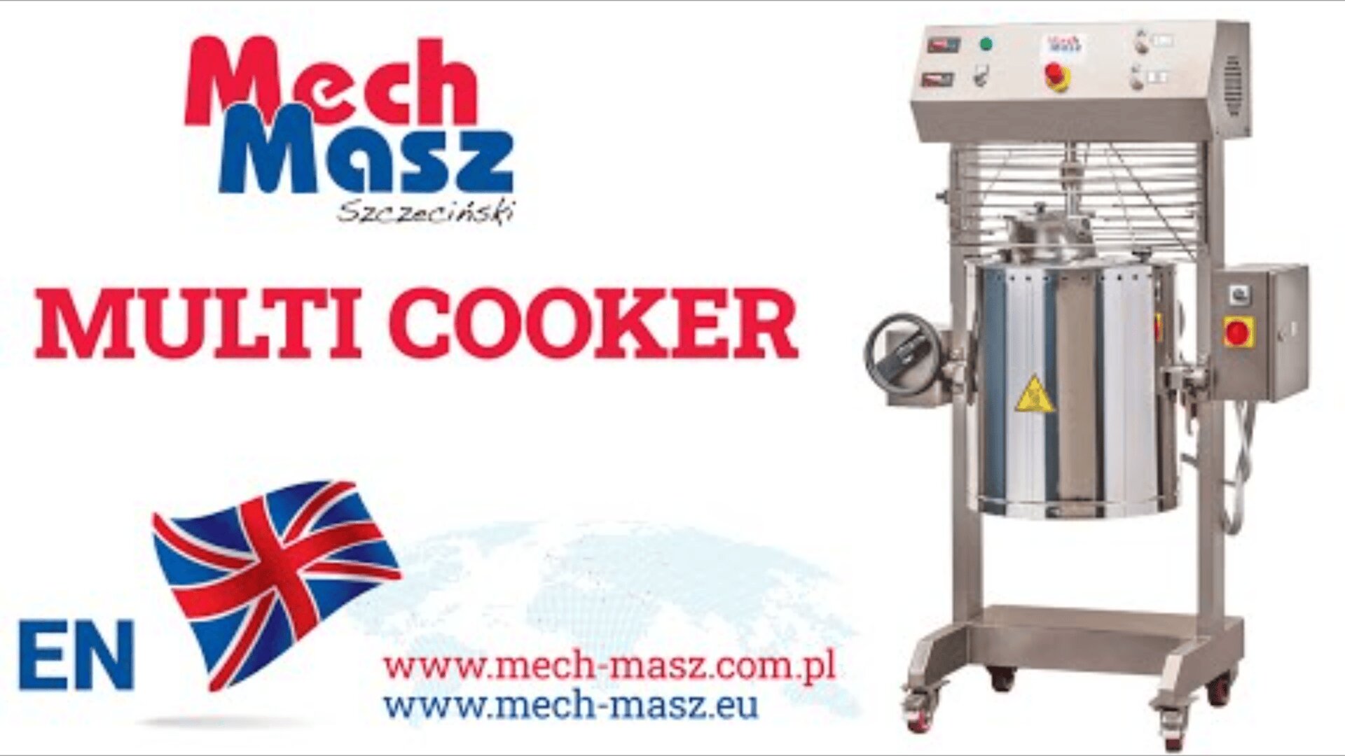A stainless steel Mech-Masz multi cooker stands next to the company’s red and blue logo, website addresses, and a British flag, with control buttons visible on the cooker’s top panel.