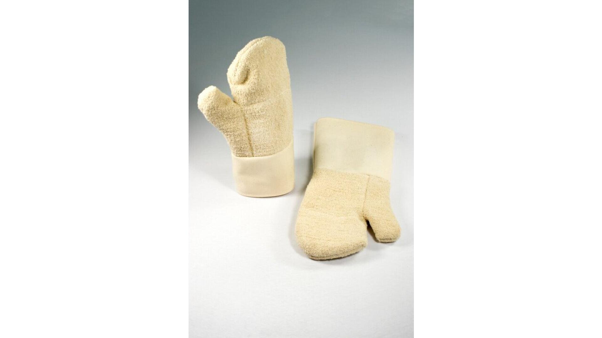 Two beige oven mitts with a textured, fabric surface and smooth cuffs are shown; one is standing upright while the other is lying flat on a light gray surface.