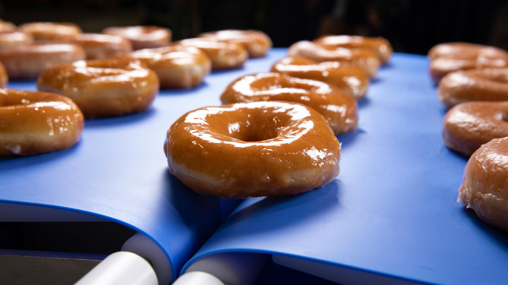 Rows of shiny glazed donuts move along a blue conveyor belt in what appears to be a commercial bakery or donut production facility.