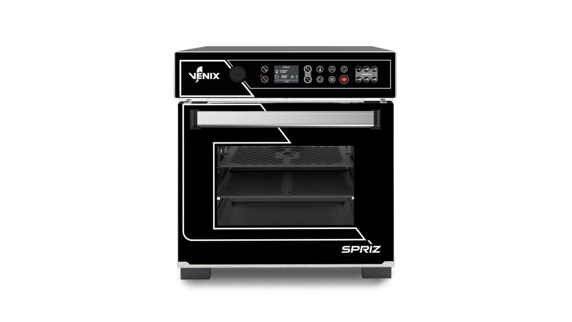 Ein schwarz-silberner Elektrobackofen mit einem digitalen Bedienfeld, das oben links mit "Venix" und unten rechts mit "Spriz" beschriftet ist, mit einer transparenten Tür, die zwei Einschübe zeigt.