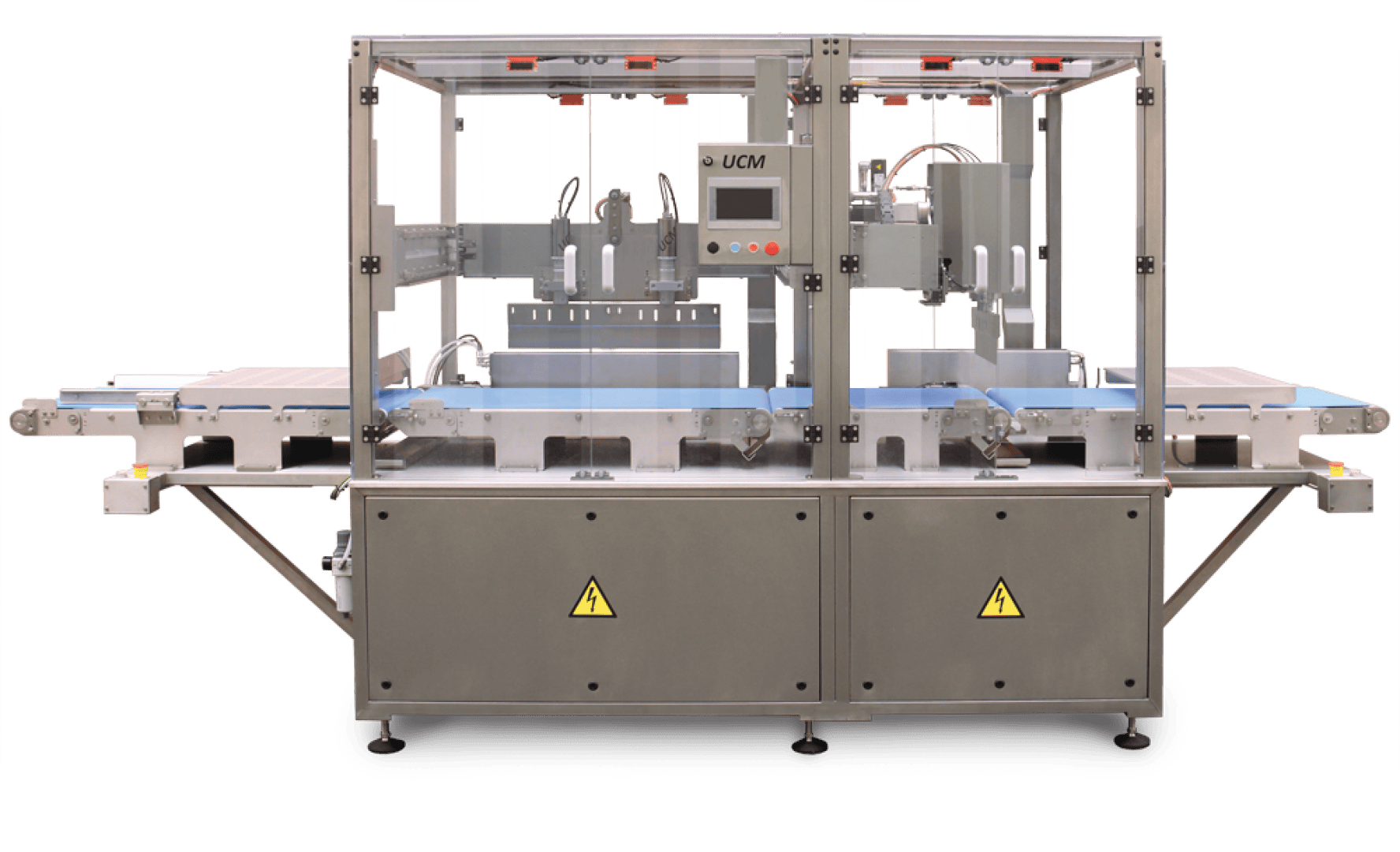 Industrial food processing machine with a stainless steel frame, control panel, and conveyor belts on both sides. The equipment is enclosed with clear protective panels. Warning signs are visible on the front.