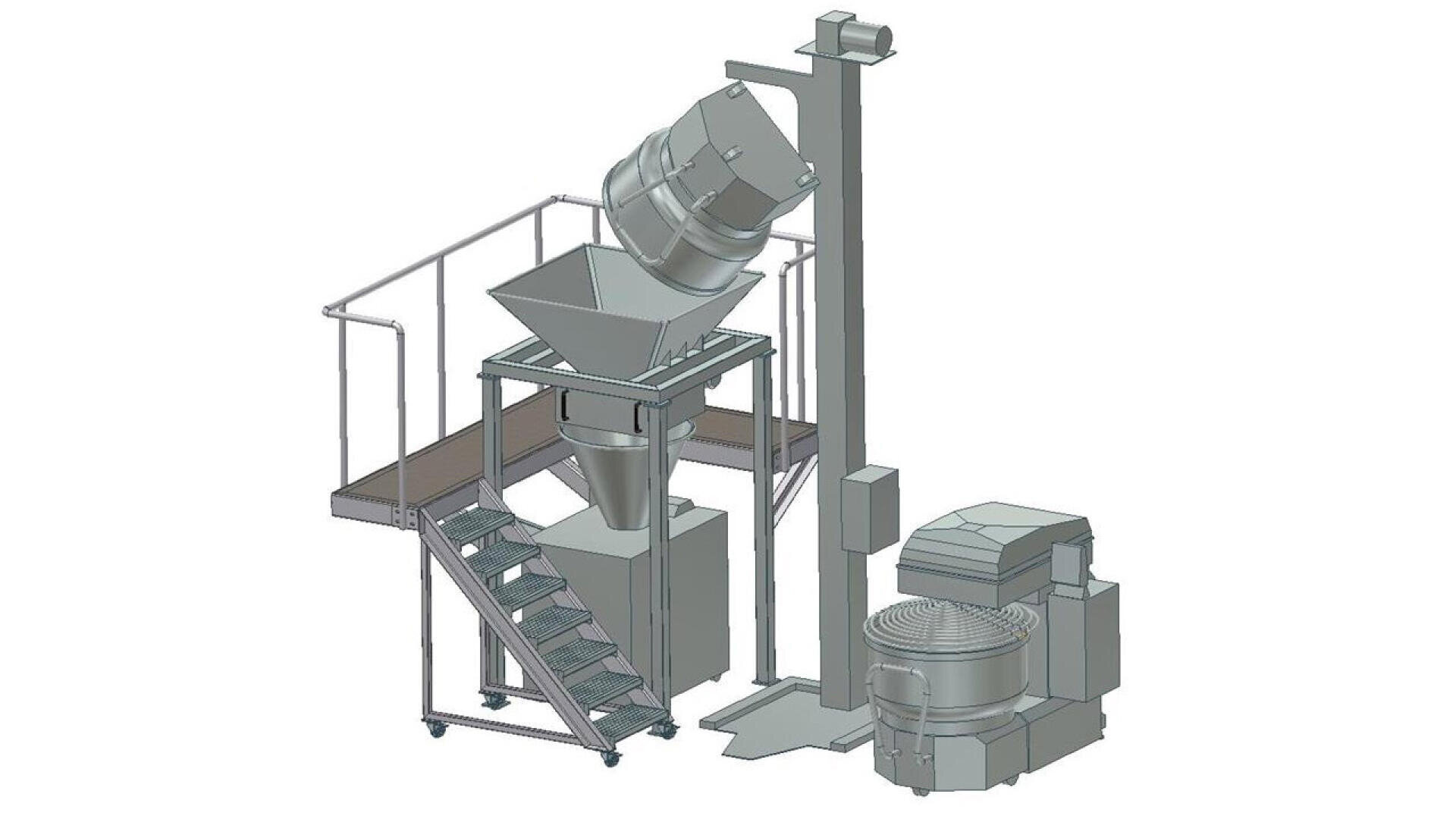 3D-rendered industrial equipment with a staircase, platform, large funnel, conveyor system, and machinery components, likely for processing or transporting materials in a factory setting.