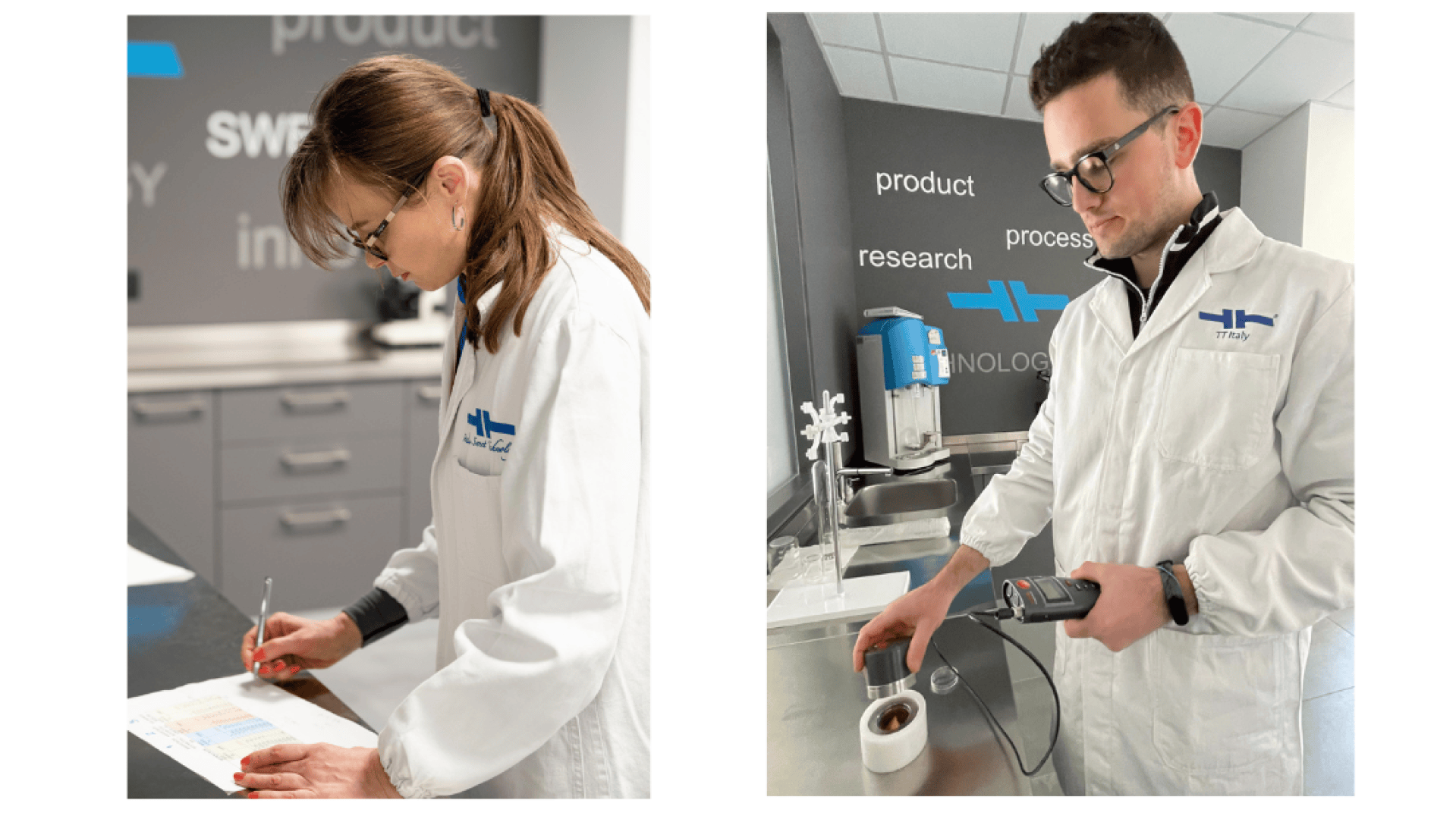Two scientists in white lab coats work in a laboratory: one writes notes on a clipboard, and the other uses an electronic device to measure a sample. Laboratory equipment and research-related words are visible in the background.