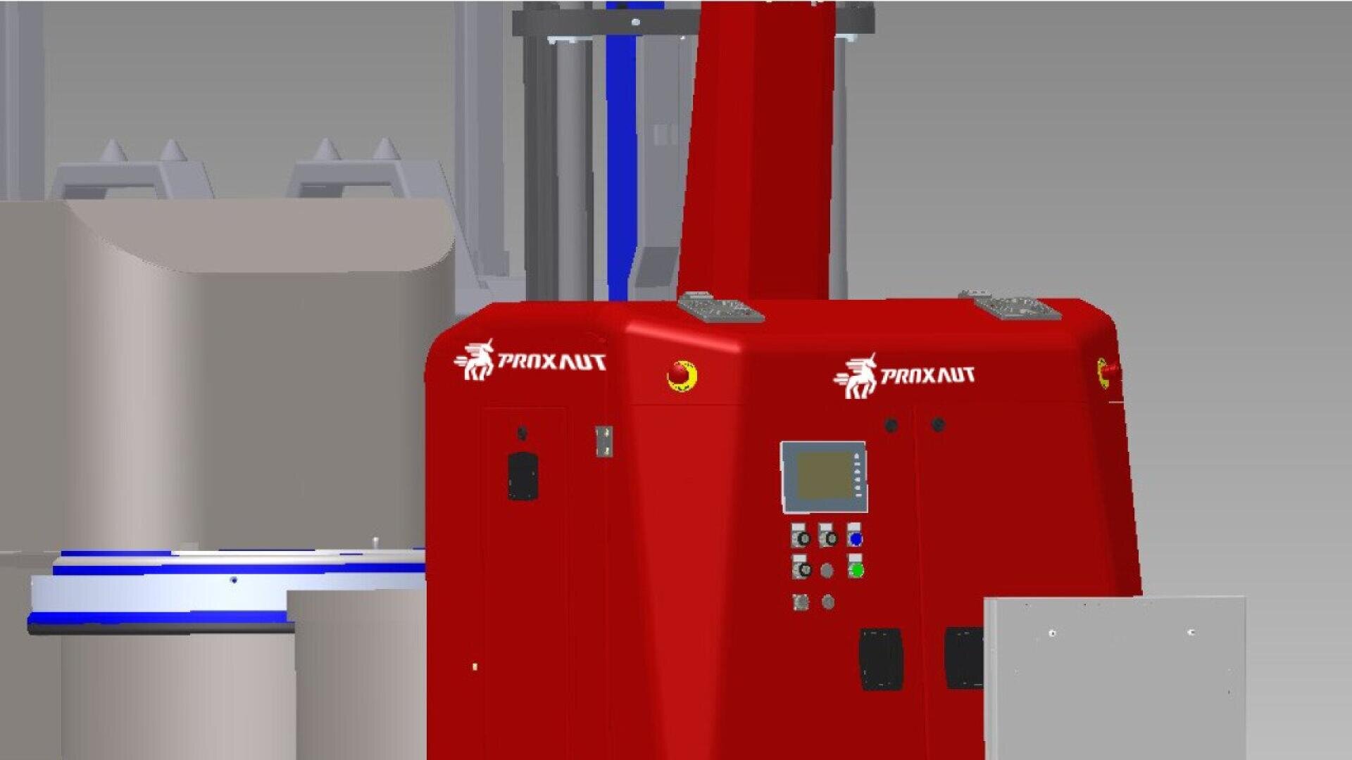 Eine rote Industriemaschine mit der Aufschrift PRONAVIT mit Bedientasten und einem Bildschirm steht in der Nähe großer zylindrischer Objekte in einer Lagerhalle.
