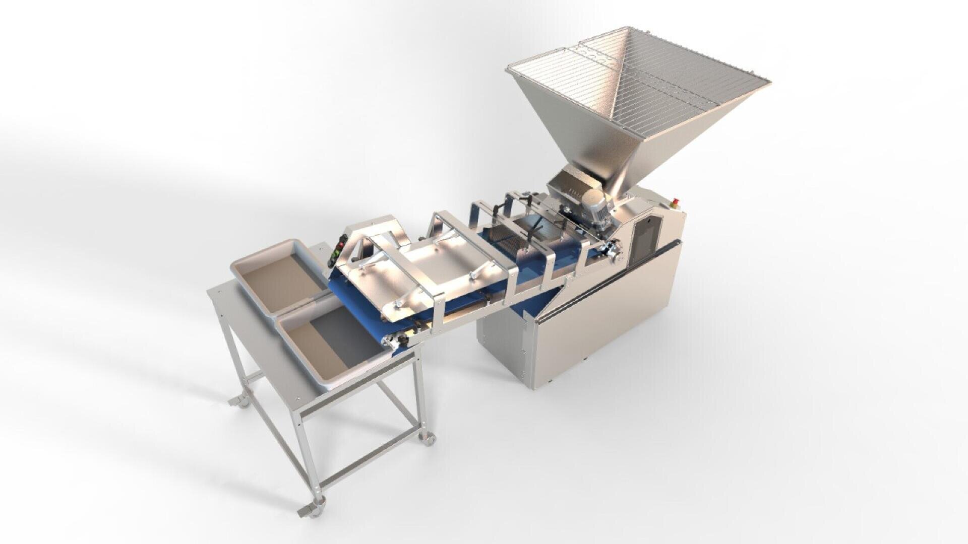 Industrielle Lebensmittelverarbeitungsmaschine mit einem großen Trichter, einem Förderband und Tabletts auf einem Metallrahmen, konzipiert für die automatische Sortierung oder Portionierung von Lebensmitteln. Die Anlage ist auf weißem Hintergrund abgebildet.