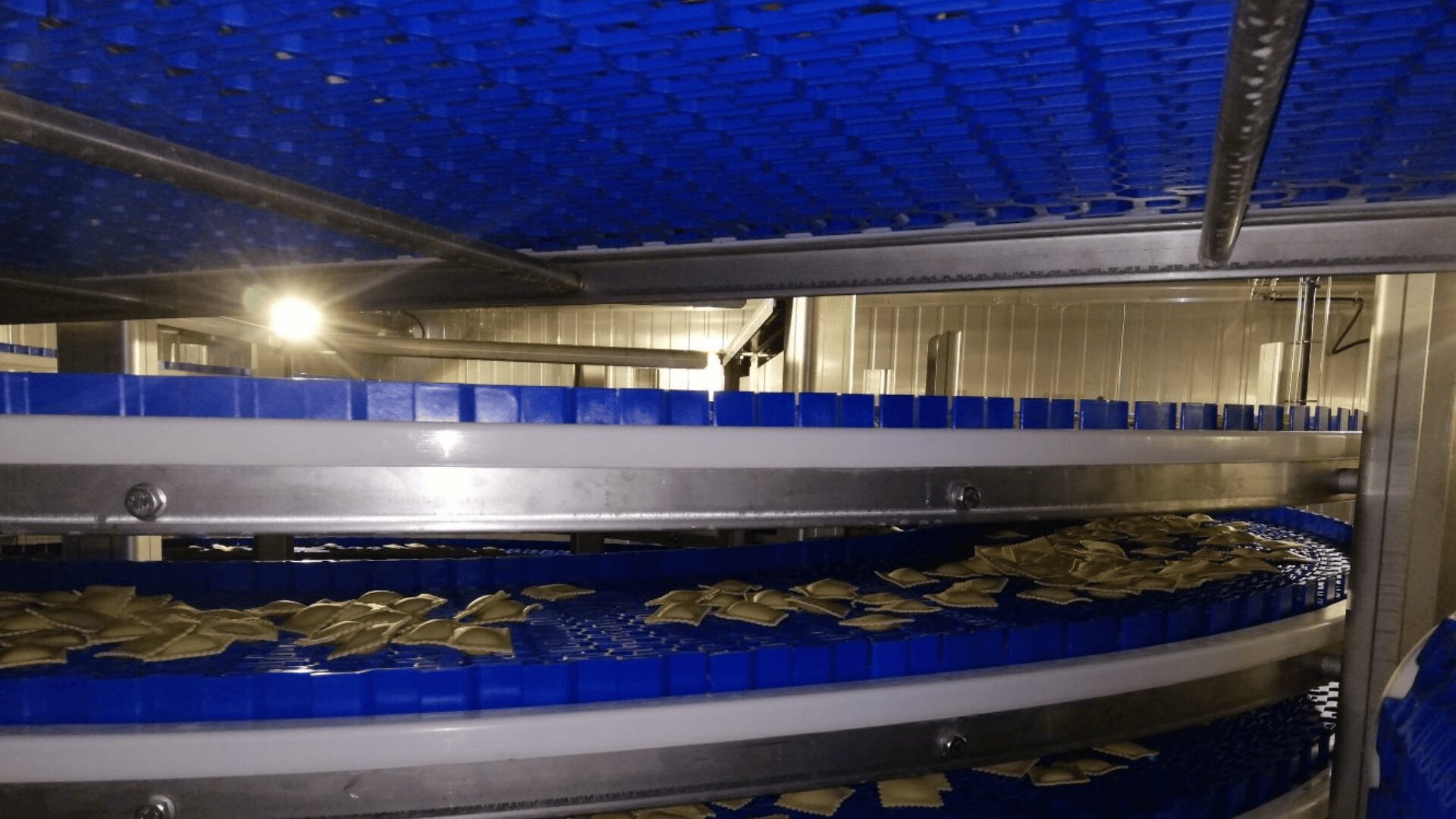 Blue conveyor belts carry rows of ravioli in a spiral inside an industrial food processing facility, with stainless steel and bright lighting visible in the background.