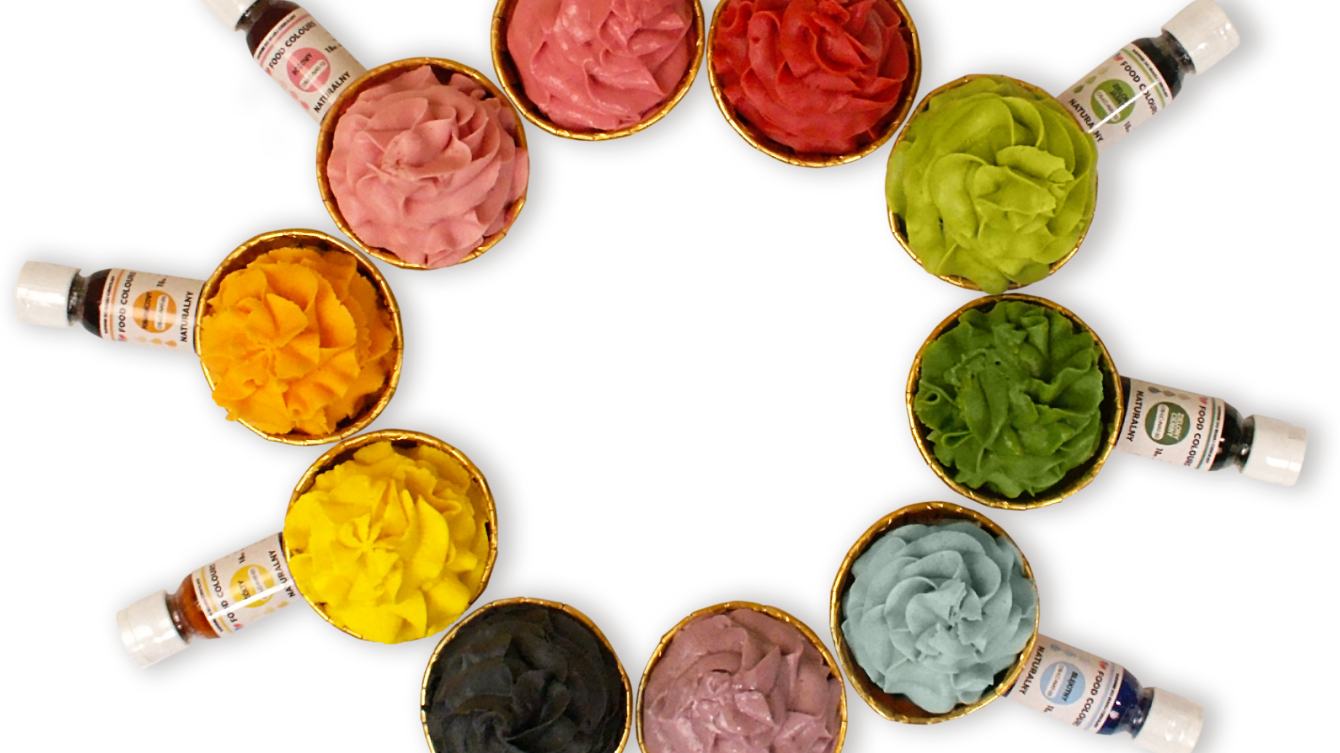 Ten cupcakes with colorful frosting arranged in a circle, each paired with a small bottle of food coloring, showcasing a variety of vibrant colors on a black background.