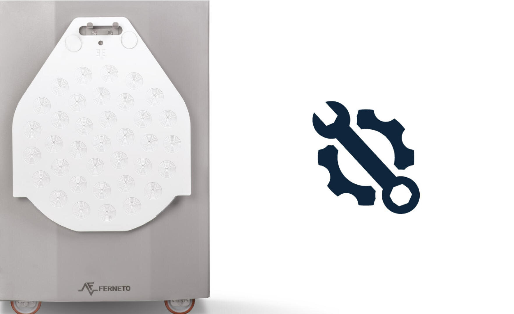 Close-up of a white industrial machine with a textured, rounded panel on the left and a blue wrench and gear icon on a white background on the right. The machine has the brand name F erneto visible at the bottom.