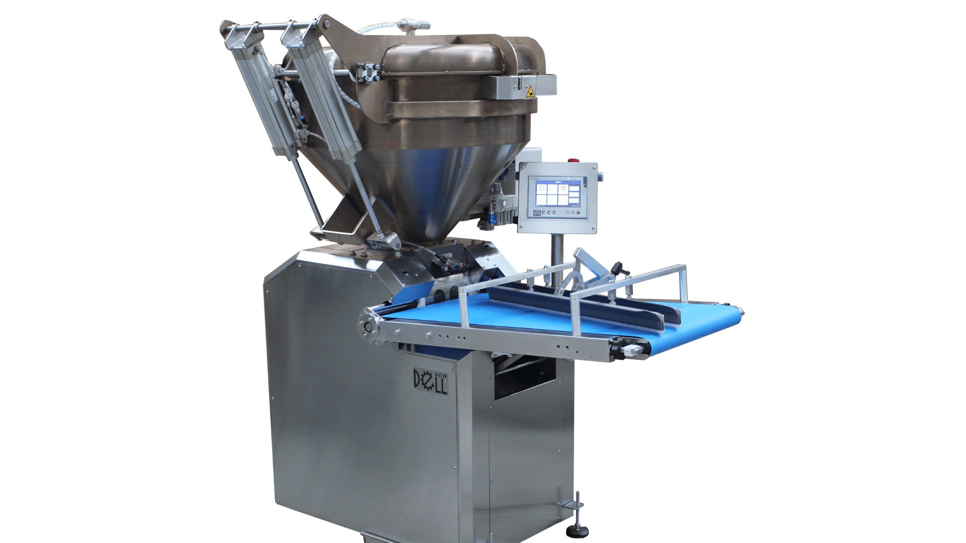 A stainless steel industrial food processing machine with a large hopper, touchscreen control panel, and a blue conveyor belt, designed for automated production tasks.